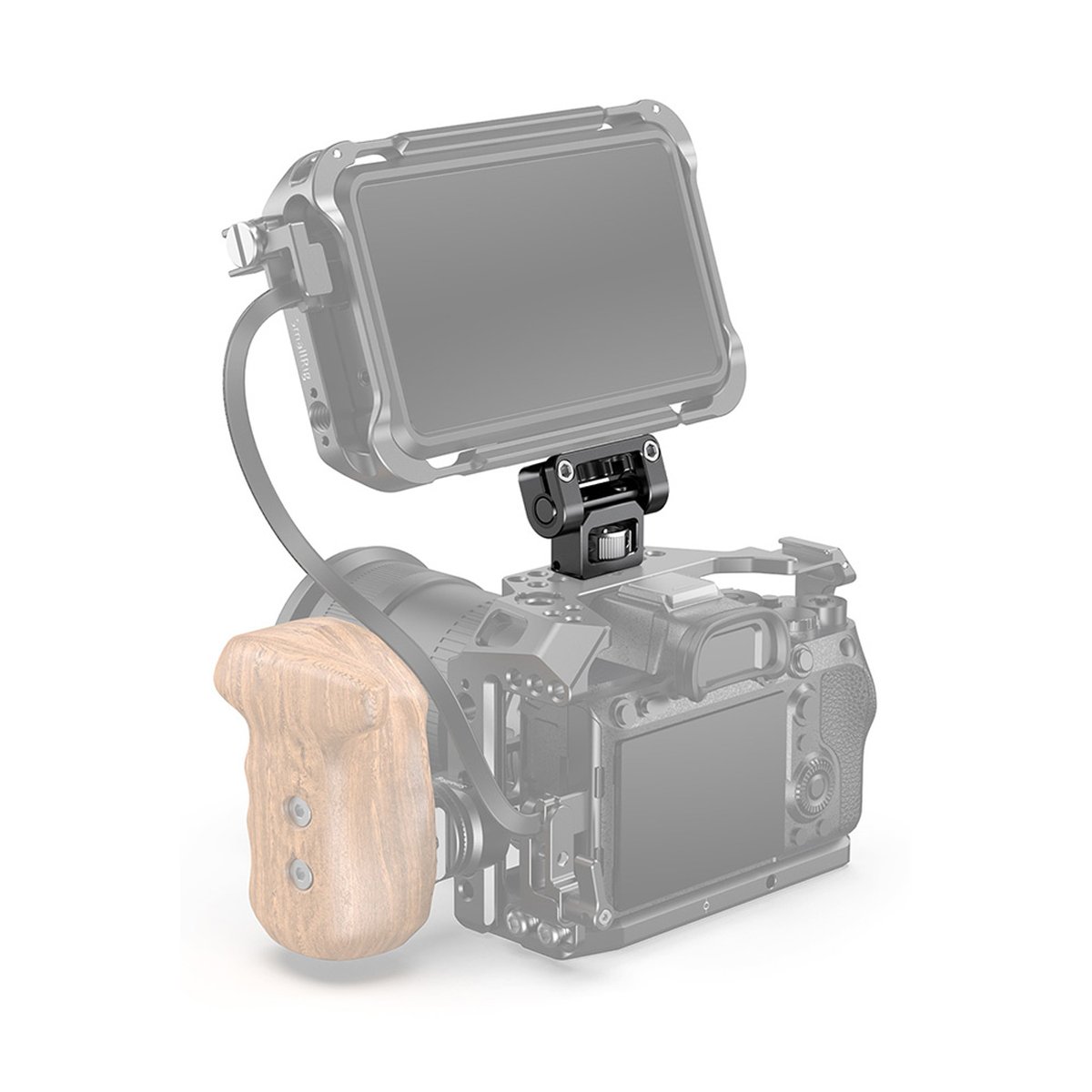 SmallRig 2174B Monitorhalterung mit ARRI 3/8"-16 Fixierschrauben - Anwendungsbeispiel: Monitorhalterung auf Kamera-Rig mit Holzgriff.