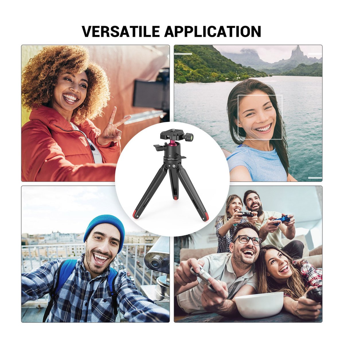 SmallRig 2664 Tabletop Mini Stativ mit Panorama Kugelkopf - Anwendungsbeispiele des Stativs: Montage mit Personen bei Selfies, Vlogging und Gaming.