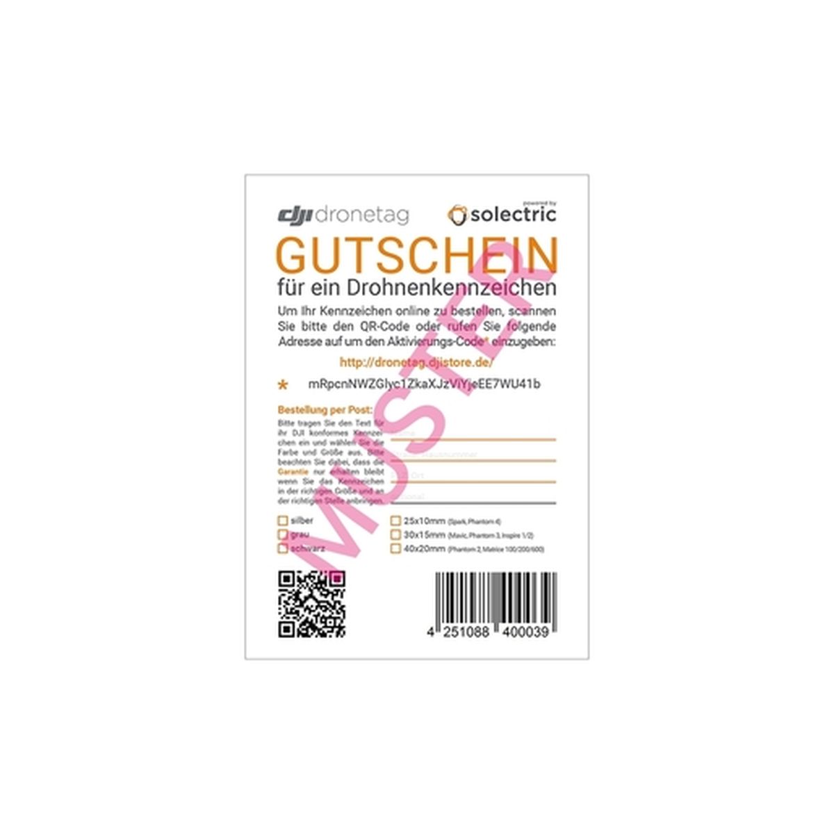 DJI Gutschein Drohnenkennzeichen Code für Online Einlösung