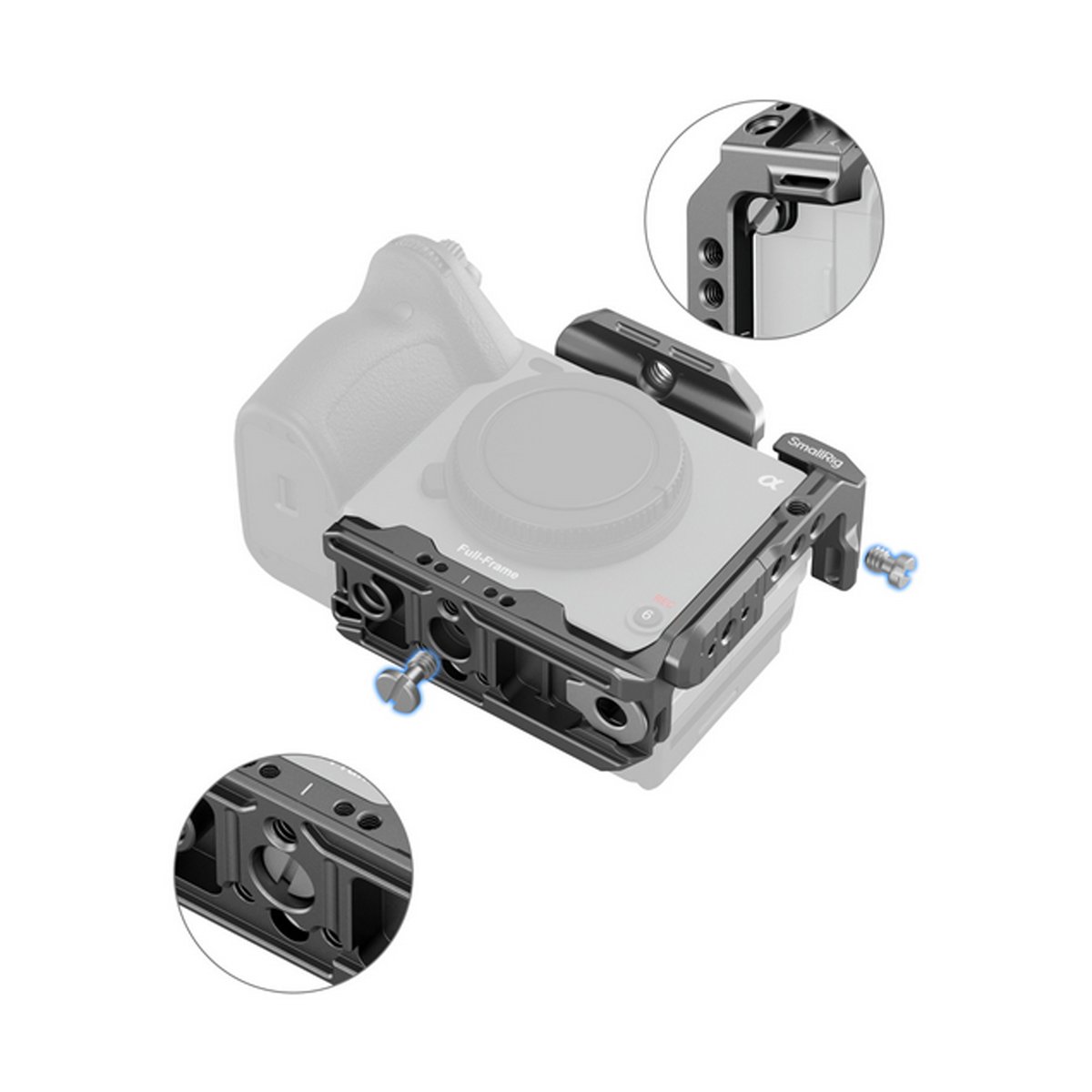 SmallRig 4772 HawkLock QR Half Cage für Sony FX3 / FX30 - Kamerakäfig auf Kamera montiert mit Detailausschnitten oben und unten