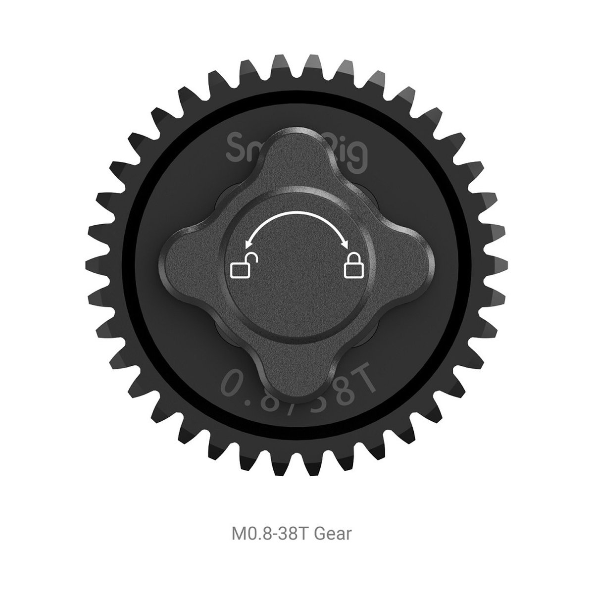 SmallRig 3285 M0.8-38T Zahnrad - Frontansicht des schwarzen SmallRig M0.8-38T Zahnrads mit Verriegelungsmechanismus und Beschriftung.