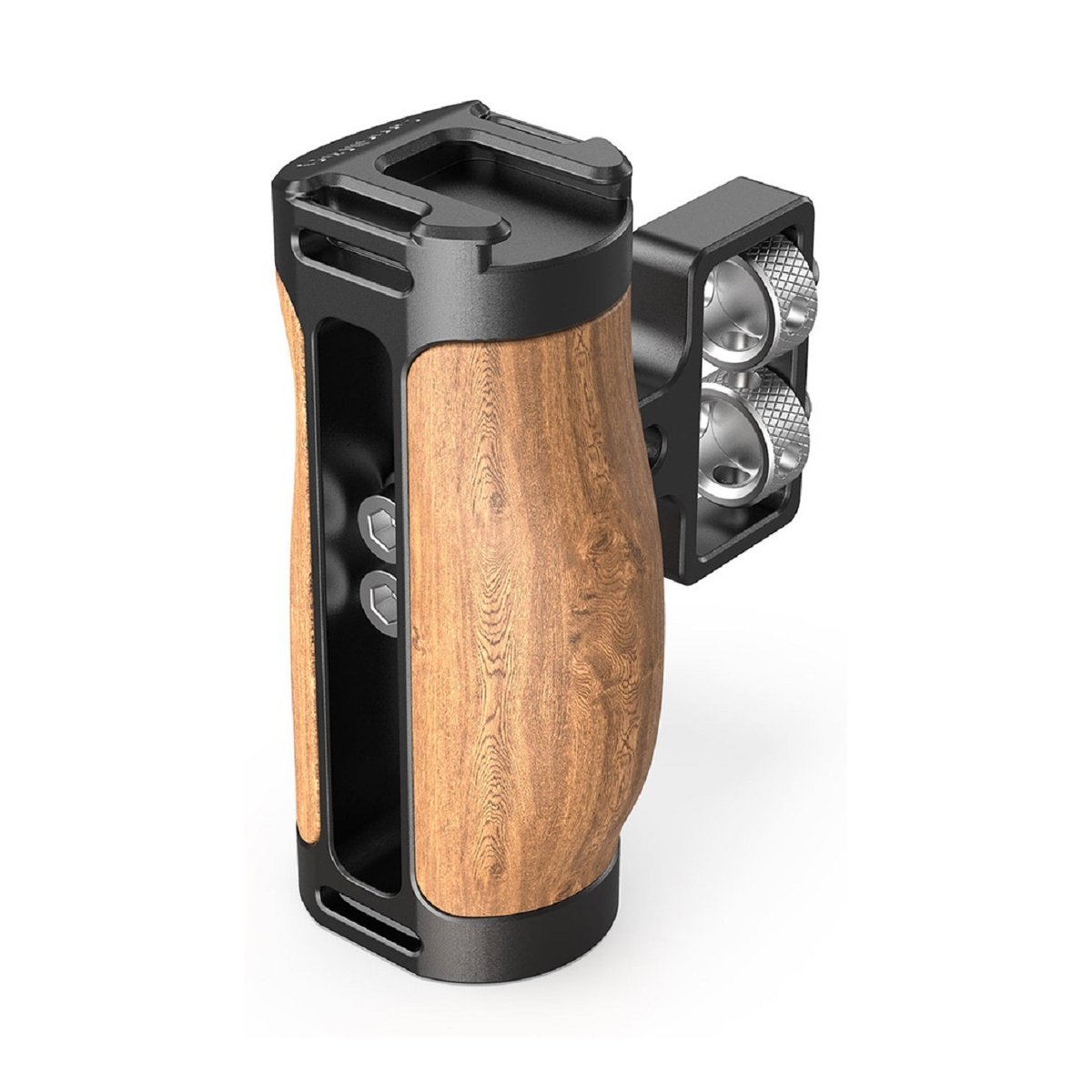 SmallRig 2913 Wooden Mini Side Handle Mini-Holzgriff, 1/4"-20 Screws - Ansicht Kameragriff Holz/Metall mit Zubehörschuh
