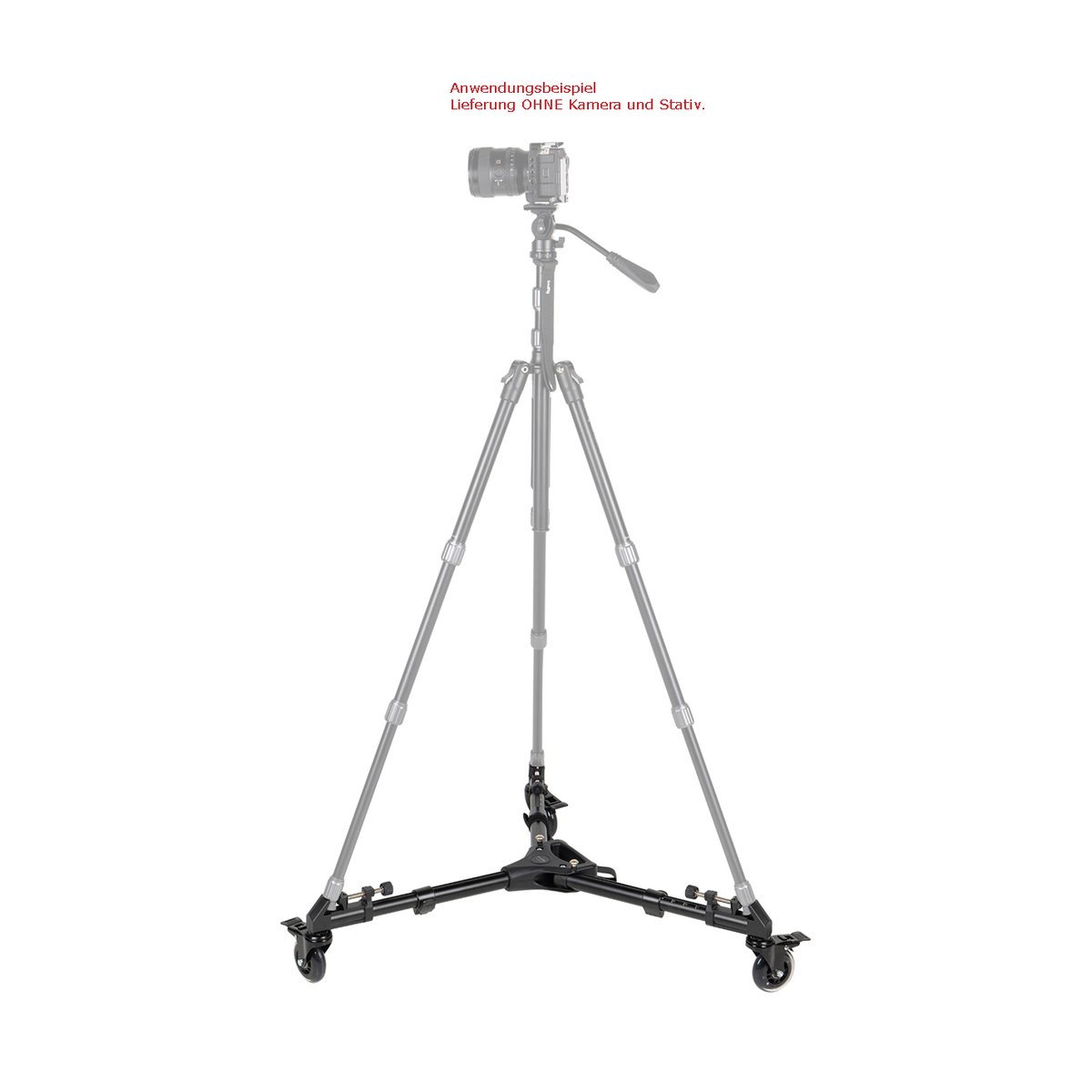 SmallRig 3986 Universal Tripod Dolly - Anwendungsbeispiel: Stativ-Dolly mit montiertem Stativ und Kamera. Stativ/Kamera nicht inklusive.