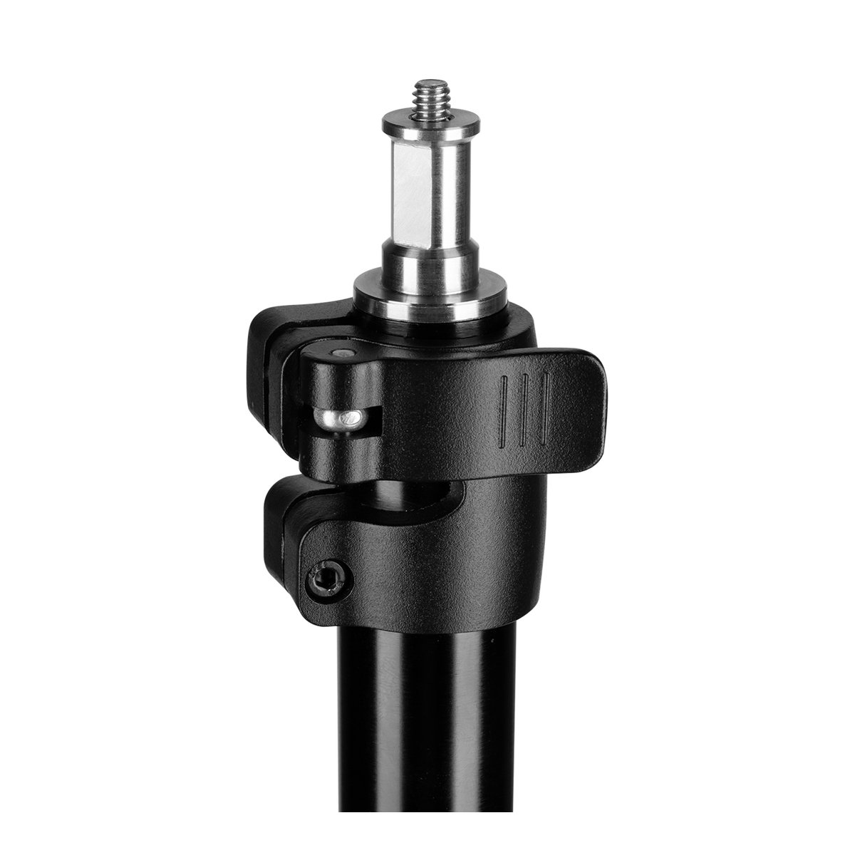SmallRig 3737 RA-S280A Leuchtenstativ mit Arm, luftgepolstert - Detailansicht des Stativkopfes mit Spigot und Feststellhebel.
