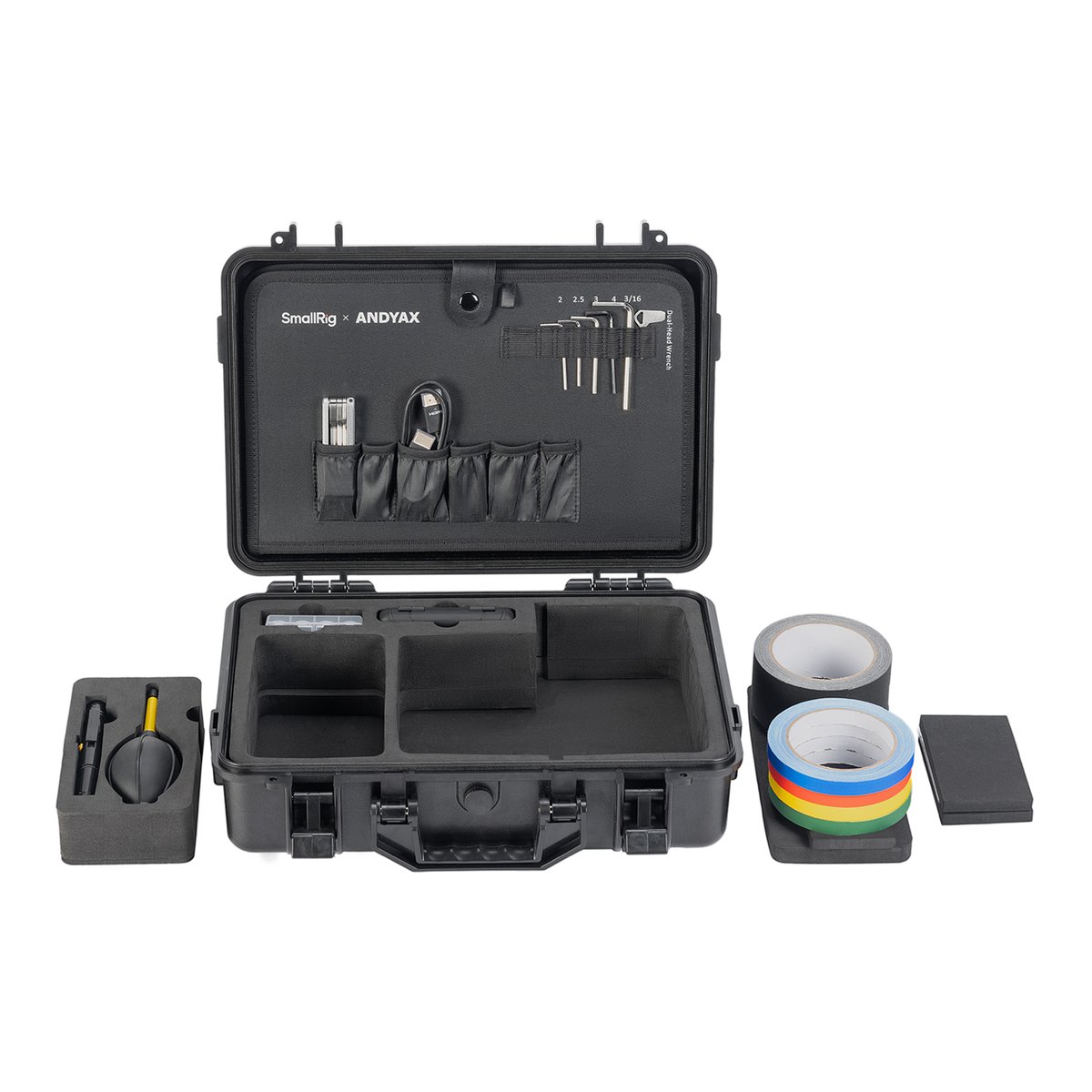 SmallRig 4562 Andyax Creator Toolkit 13in-1 Survival Filmemacher Kit - Lieferumfang: Offener SmallRig x ANDYAX Koffer mit Werkzeugen, Blasebalg, Klebebandrollen und Schaumstoffteilen.