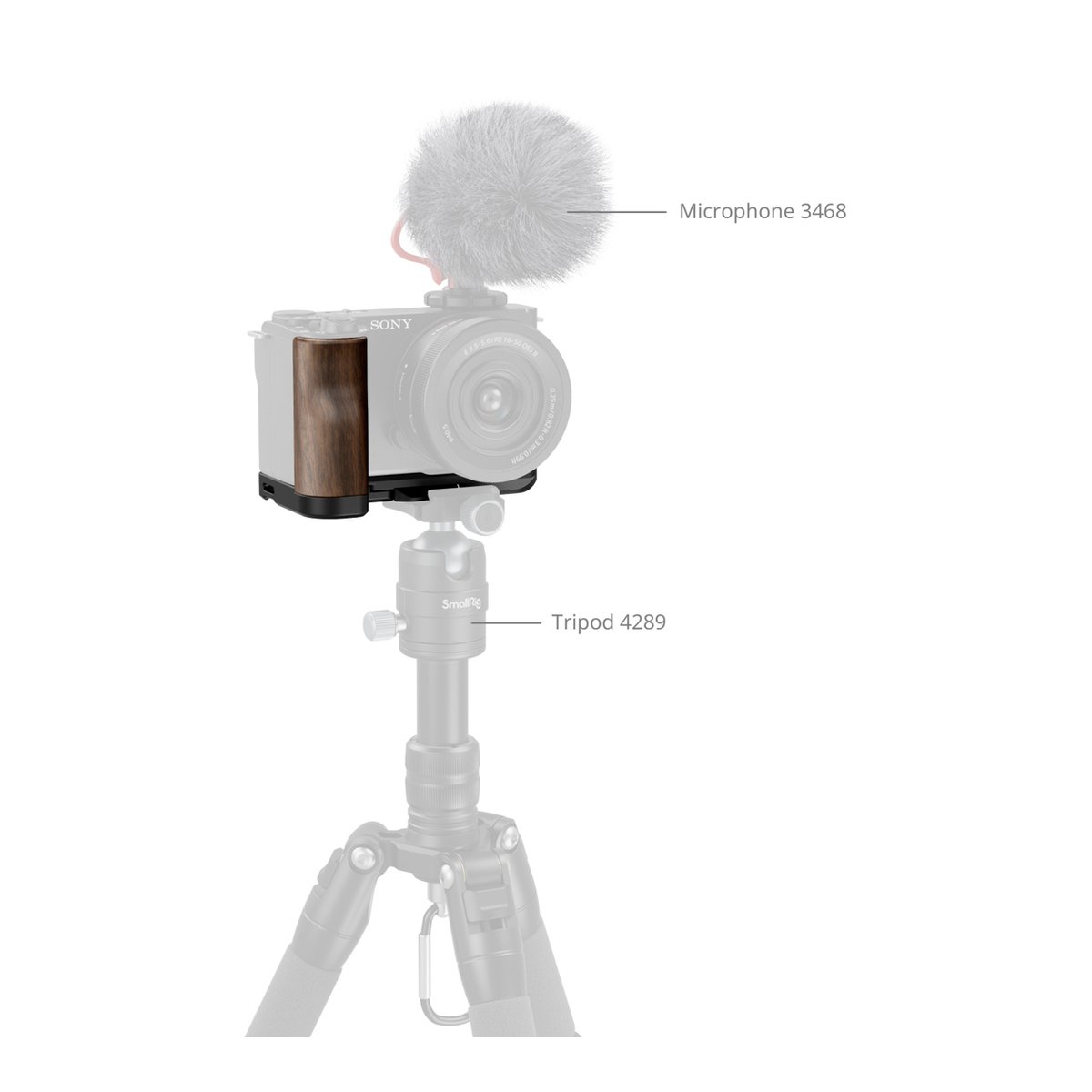 SmallRig 4864 L-förmige Montageplatte m. Holzgriff f. Sony ZV-E10 II - Anwendungsbeispiel: Kamera mit Holzgriff, Mikrofon und Stativ