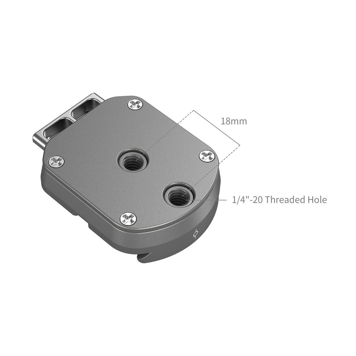 SmallRig 4486 HawkLock H38 QR Arca Swiss Mount Plate - Detailansicht einer grauen Schnellwechselplatte mit 1/4-20 Gewindebohrungen und Maßangabe von 18mm