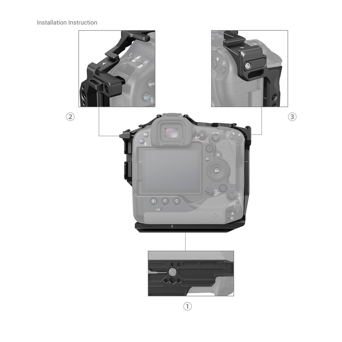 SmallRig 3884 Cage für Canon EOS R3 - Installationsanleitung: Kamerakäfig-Befestigung an Kamera mit Detailansichten der Befestigungspunkte. SmallRig 3884 Cage für Canon EOS R3 - Installationsanleitung: Kamerakäfig-Befestigung an Kamera mit Detailansichten der Befestigungspunkte.