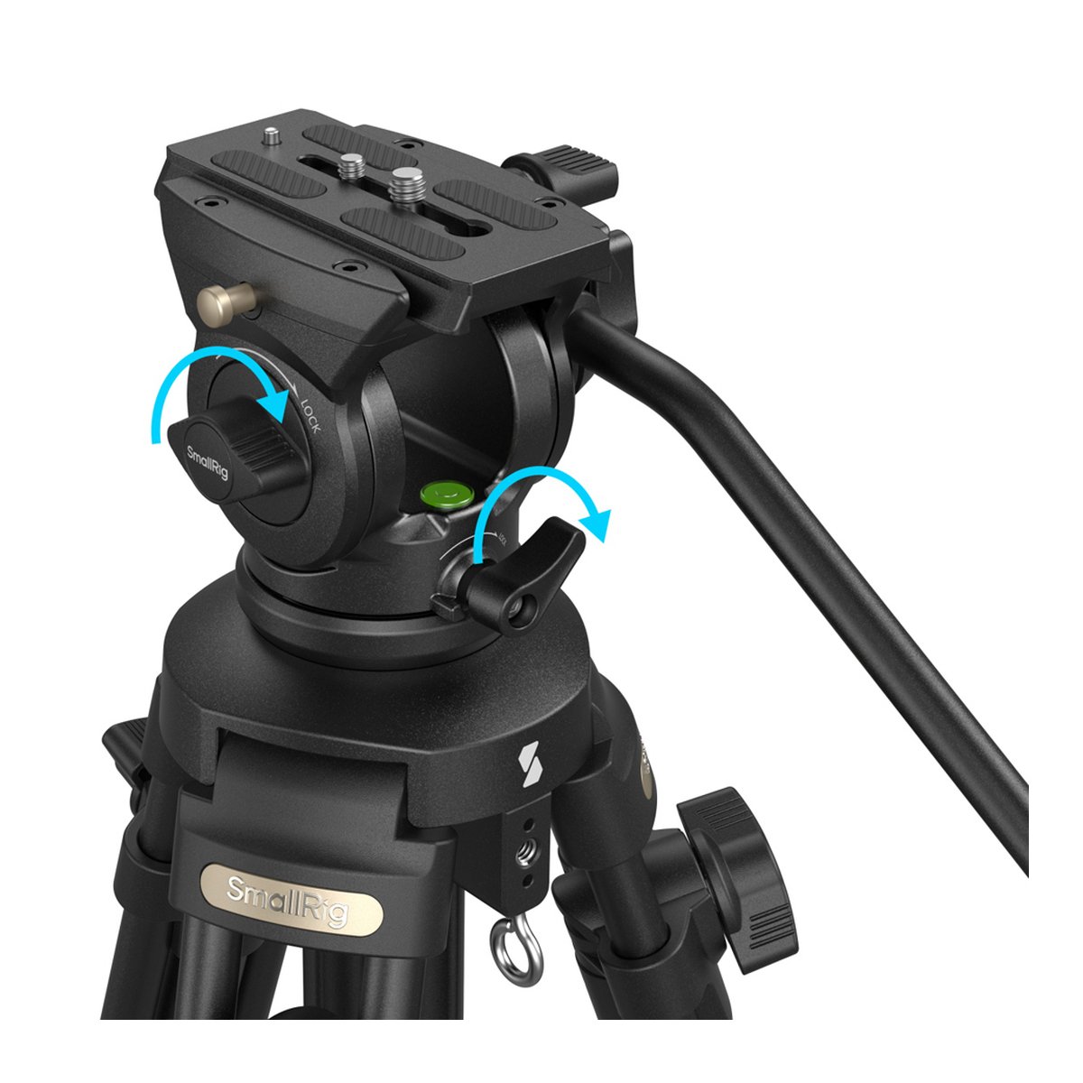 SmallRig 4684 AD-50 Light Stativ - Funktionsansicht Fluid-Videokopf mit Schwenk- und Neigefunktion, dargestellt durch Pfeile. SmallRig 4684 AD-50 Light Stativ - Funktionsansicht Fluid-Videokopf mit Schwenk- und Neigefunktion, dargestellt durch Pfeile.