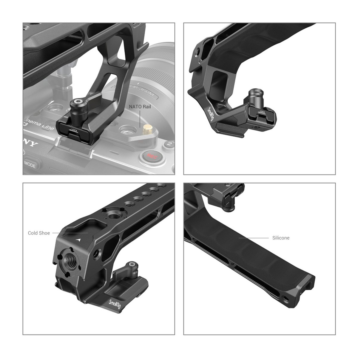 SmallRig 3766 NATO Top-Griff Lite - Produktdetails: Vier Ansichten des Kameragriffs mit NATO-Schiene, Cold Shoe und Silikongriff