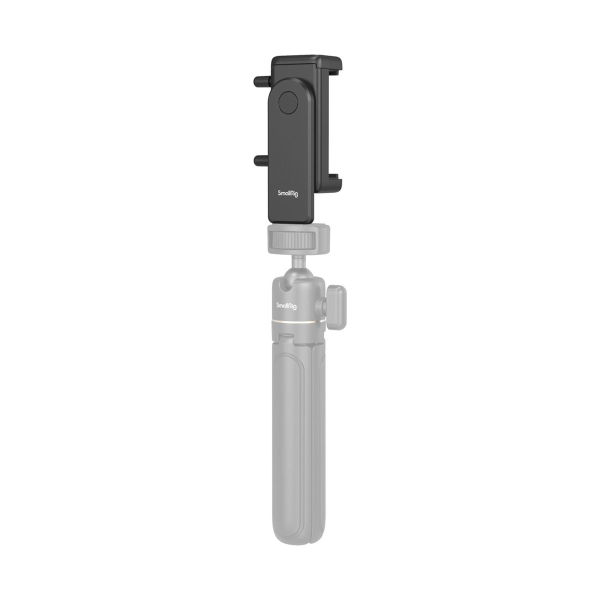 SmallRig 4366 Smartphone Halterung - Detailansicht: Schwarze SmallRig Smartphone-Klemme auf grauem Stativ montiert.