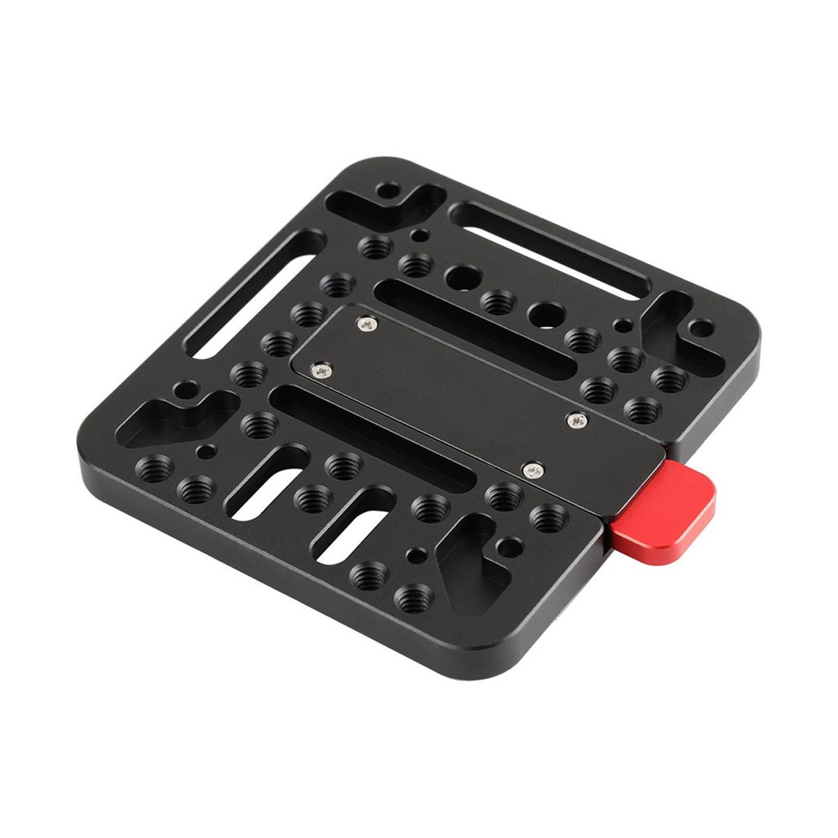 SmallRig 1846C V-Lock Assembly-Kit Quick Release-Set (V-Mount) - DETAILANSICHT: Schwarze Montageplatte für Kamera-Rigs mit zahlreichen Befestigungslöchern und rotem Schnellverschluss.