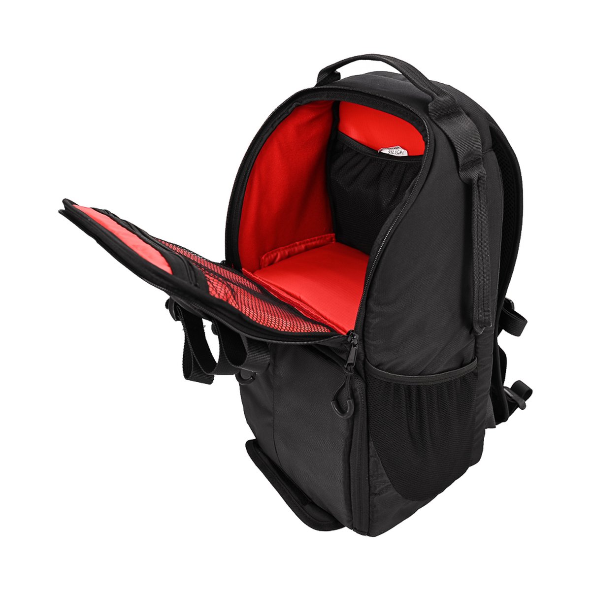 Caruba Skydex 10 - DETAILANSICHT: Geöffneter schwarzer Fotorucksack zeigt rotes Innenfach und seitliche Öffnung.
