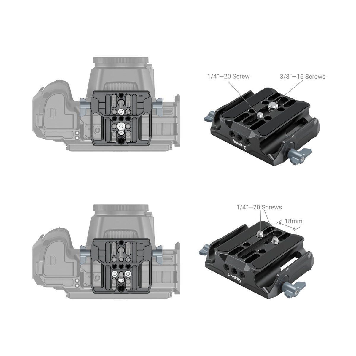 SmallRig 3357 Universal LWS Basisplatte mit doppelter 15 mm Stangenklemme - Detailansicht: Schraubenoptionen der Schnellwechselplatte (1/4"-20, 3/8"-16, 18mm) an Kamerakäfig.
