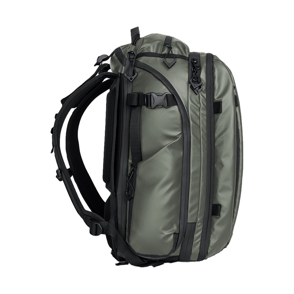 WANDRD Transit 45L Travel Backpack Wasatch Green - Linke Seitenansicht des Rucksacks