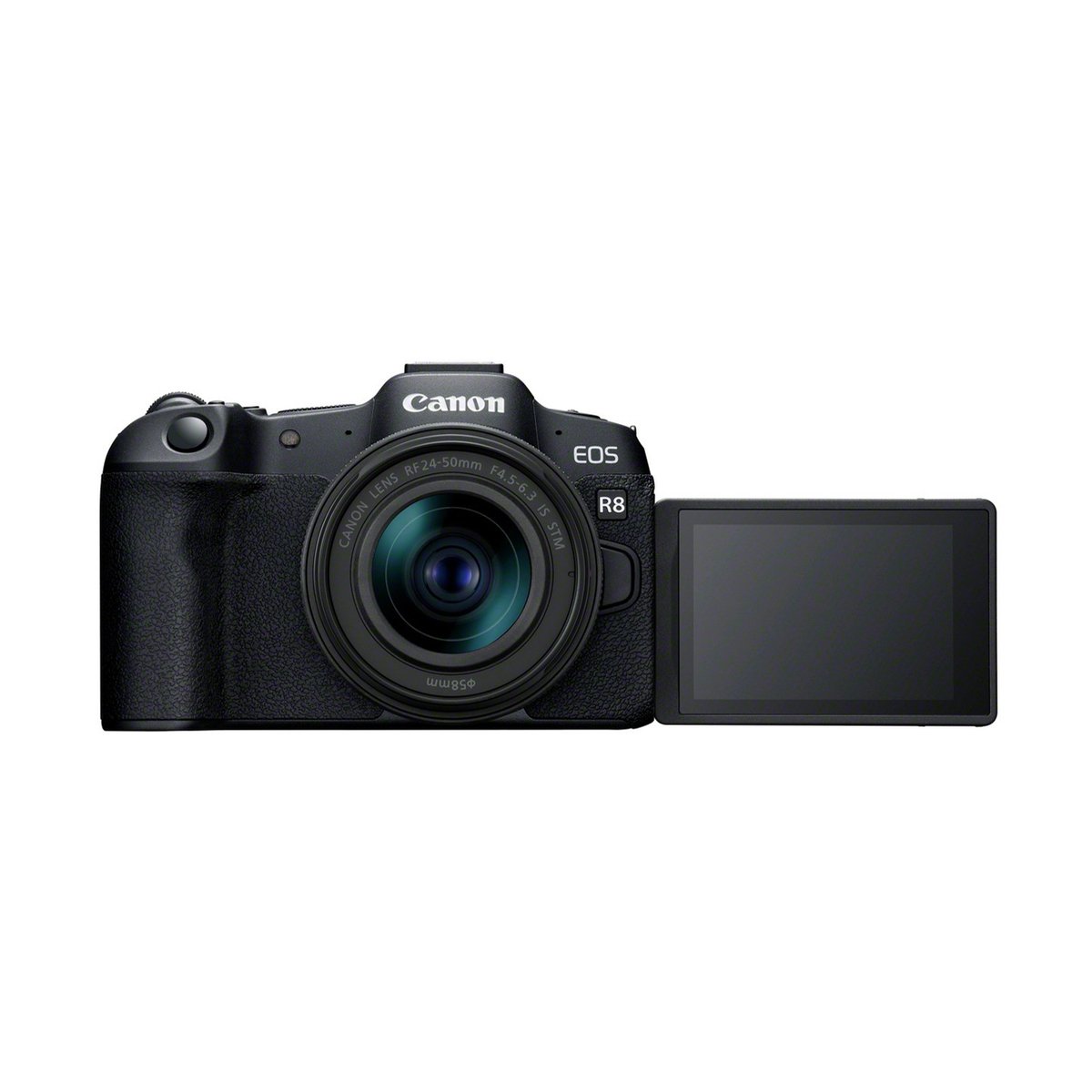 Canon EOS R8+RF 4,5-6,3/24-50 mm IS STM Kamerakit - Frontansicht mit ausgeklapptem Display