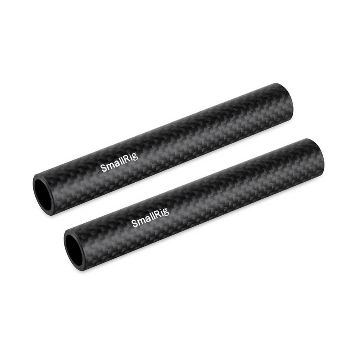 SmallRig 1871 Carbon Fiber 15 mm Rod (100 mm/4") - Lieferumfang: Zwei schwarze SmallRig Carbon-Stäbe mit Logo auf weißem Hintergrund.
