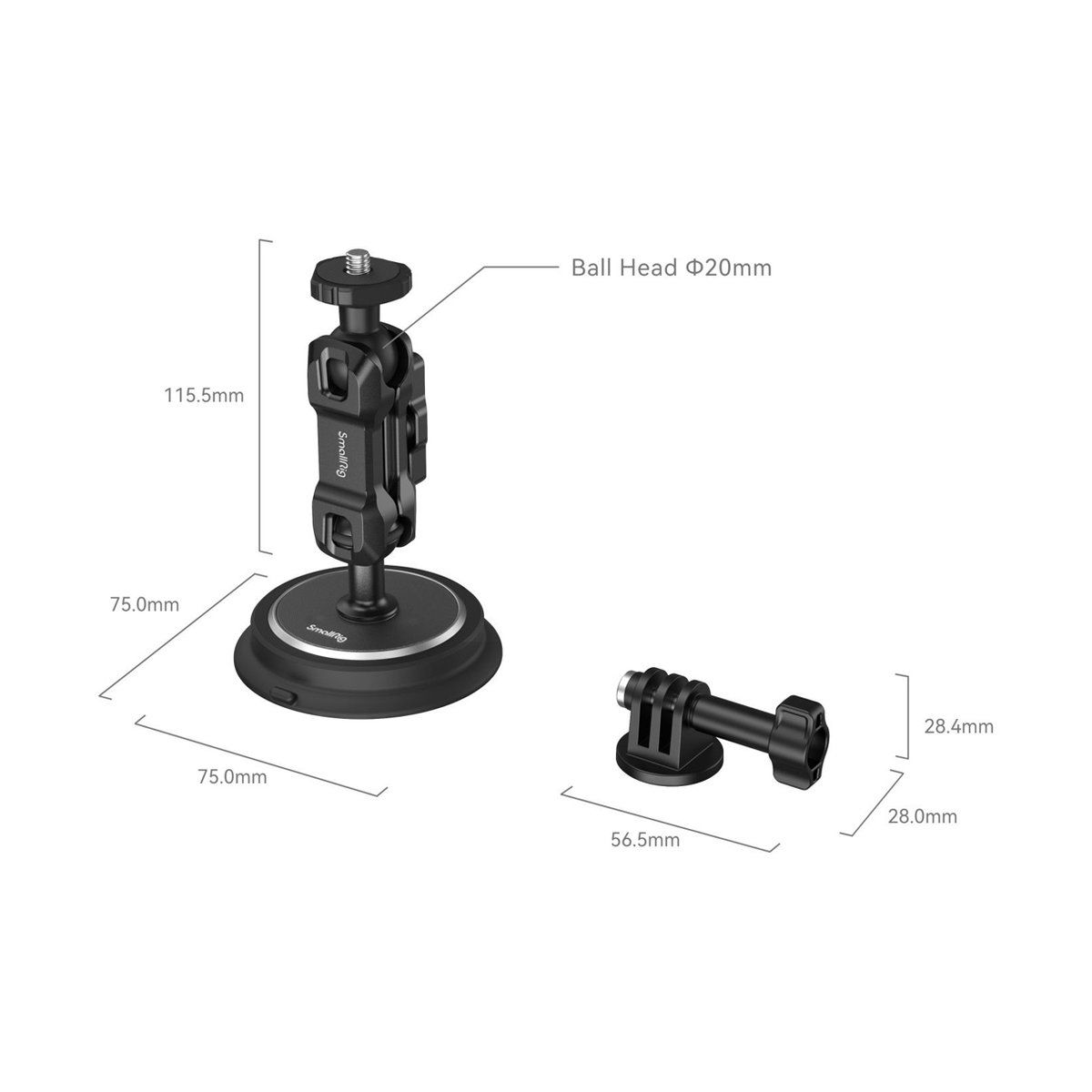 SmallRig 4466 Magic Arm Magnetischer Saugnapf-Halterungssatz f.Action-Kameras - Maße der Saugfuß-Halterung mit Kugelgelenk und des GoPro Adapters