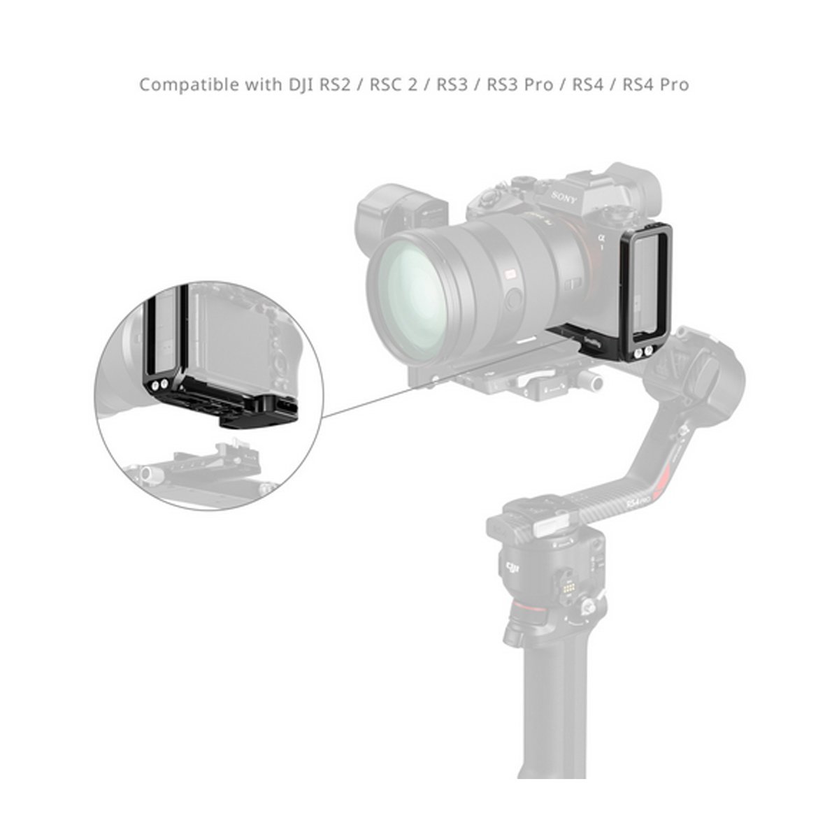 SmallRig 5188 L-förmige Montageplatte für Sony Alpha 1 II/Alpha 9III - Anwendungsbeispiel: Kamera-L-Halterung montiert auf DJI Gimbal, Detail der Arca-Swiss Befestigung.