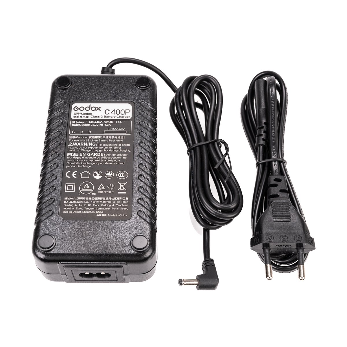 Godox Akku-Ladegerät für AD400 PRO - Lieferumfang: Godox C400P Ladegerät und Netzkabel auf weißem Hintergrund.
