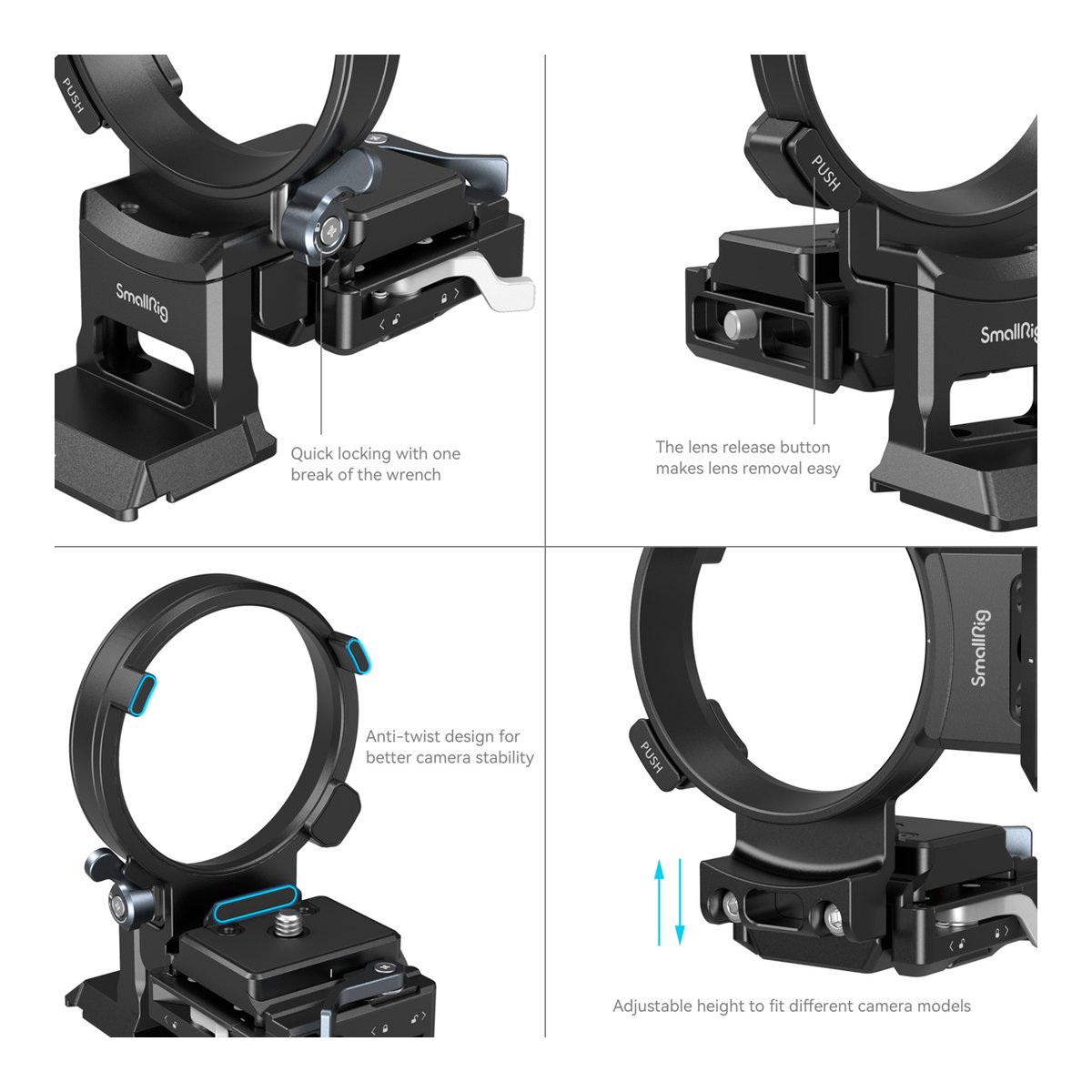 SmallRig 4244 Drehbares Horizontal- Vertikal-Montageplatten-Kit für Sony - Vier Detailansichten der Produktfunktionen