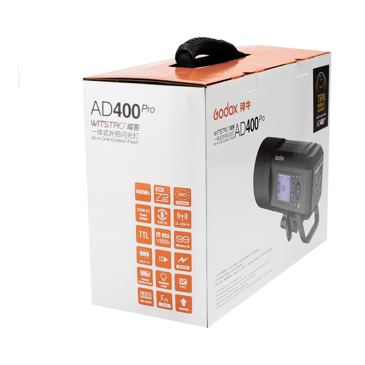 Godox Witstro AD400 Pro - Verpackung des Godox AD400Pro Outdoor-Blitzes, schräg von vorne/oben mit Features und Produktbild.
