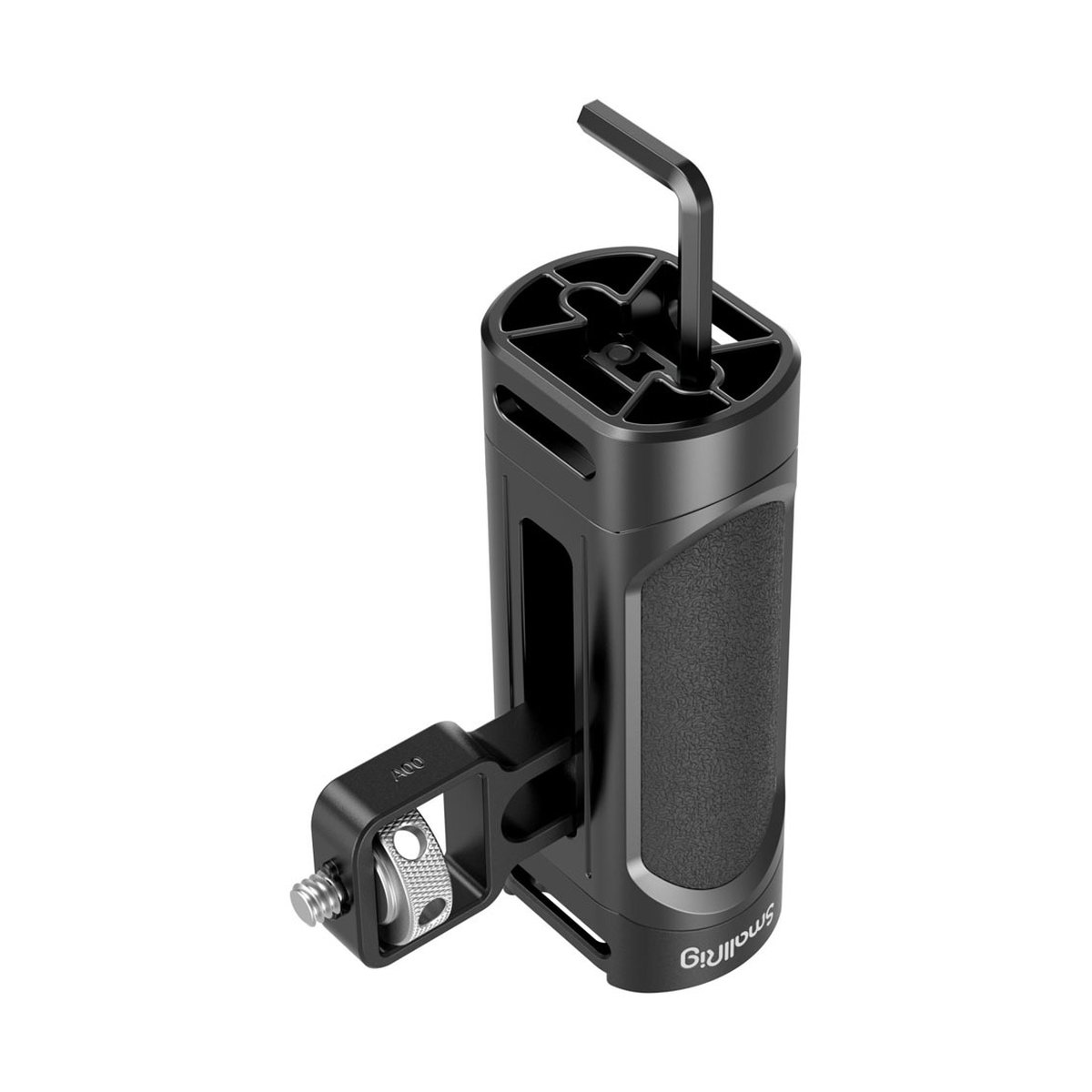 SmallRig 2772 leichter Seitengriff für Smartphone - 3/4-Ansicht des schwarzen SmallRig Kamera-Top-Griffs mit integriertem Inbusschlüssel und Befestigungsschraube.
