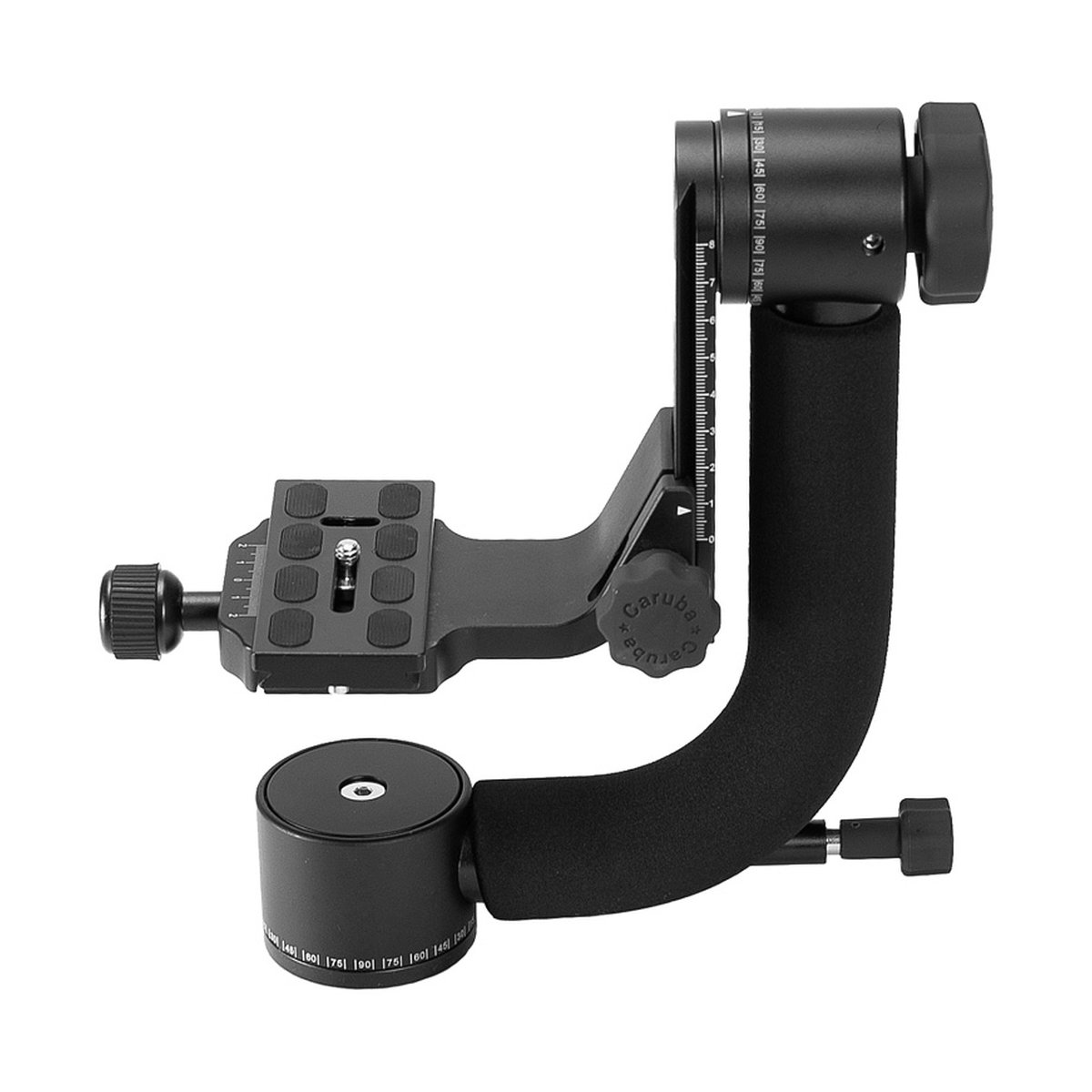 Caruba Schwenkkopf  CSH-1 - Seitenansicht eines schwarzen Gimbal-Stativkopfes