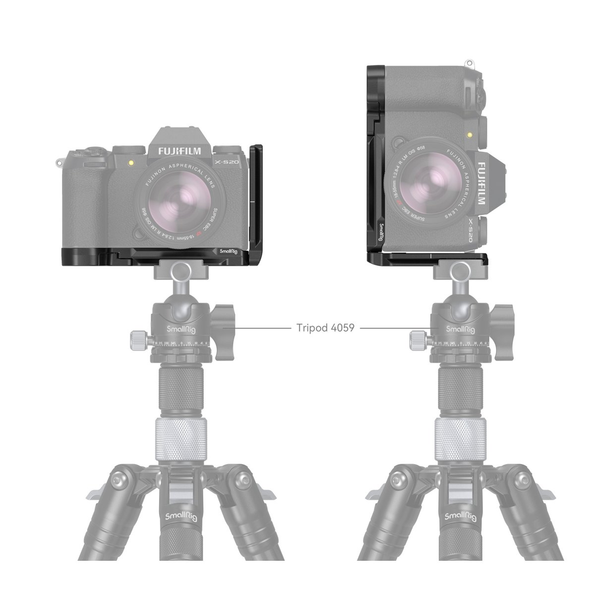 SmallRig 4231 L-Bracket für Fujifilm X-S20 - Anwendungsbeispiel: Fujifilm X-S20 mit SmallRig L-Halterung auf Stativ für horizontale und vertikale Montage.