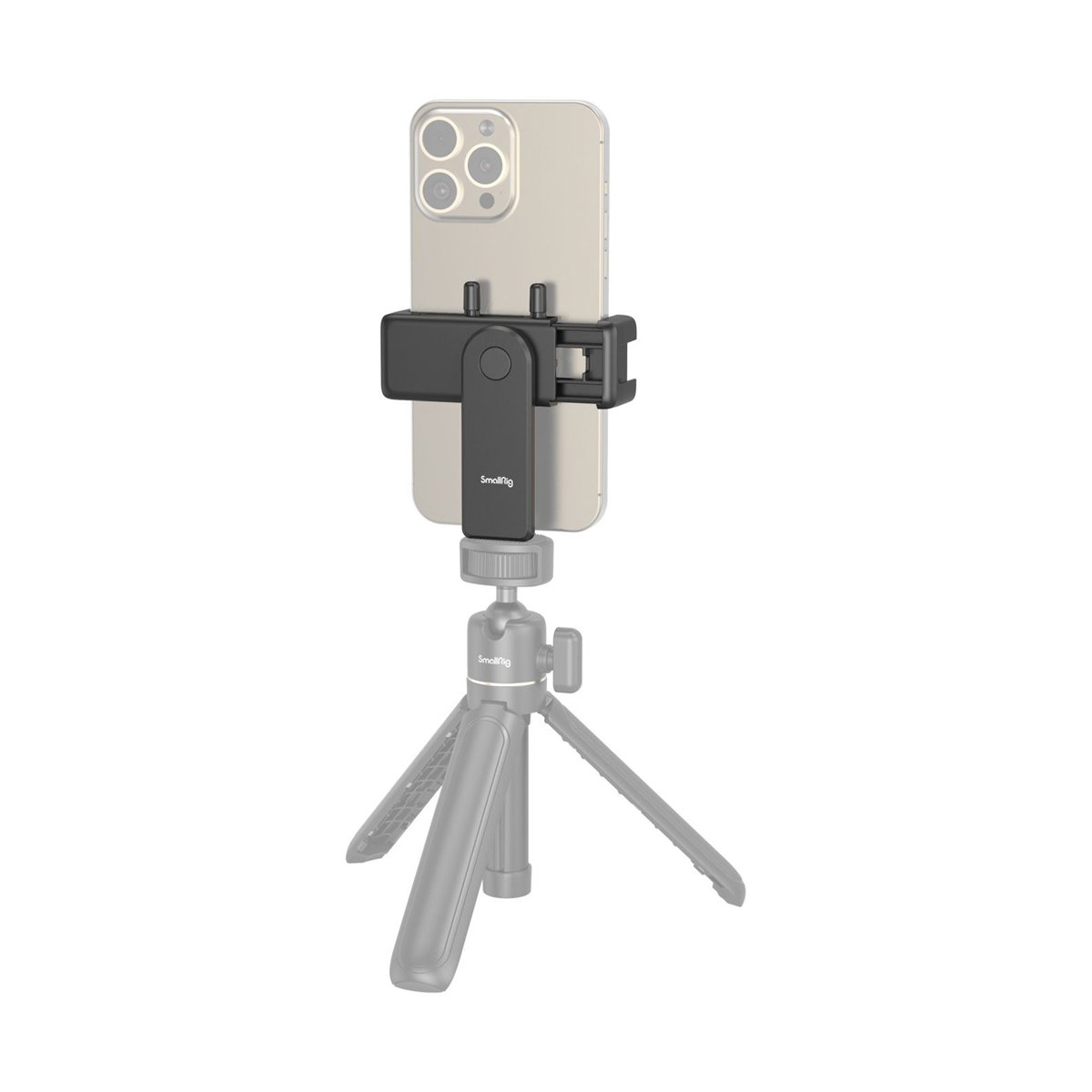 SmallRig 4366 Smartphone Halterung - Anwendungsbeispiel: Smartphone in drehbarer SmallRig Klemmhalterung auf Stativ.