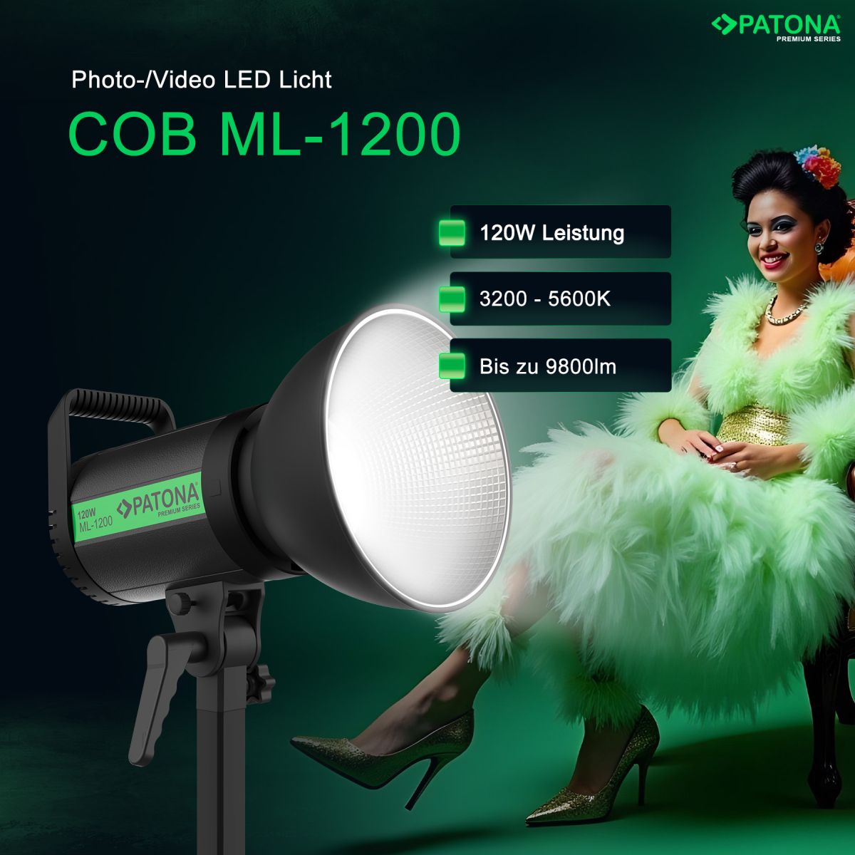 PATONA Premium LED professionelles Fotolicht Videolicht LED 120W COB ML-1200 inkl. Tragetasche