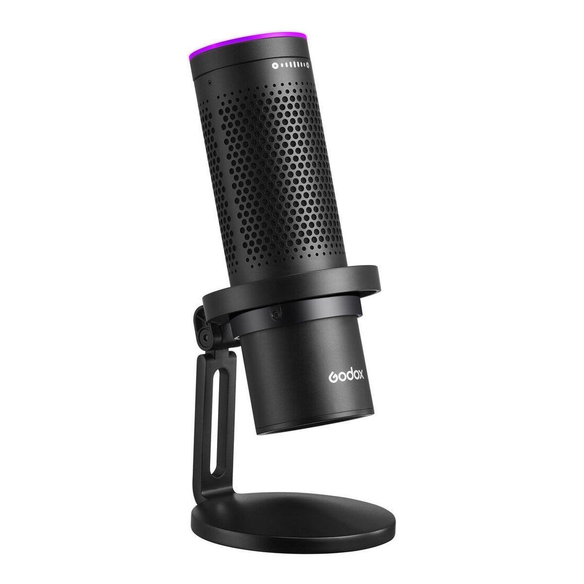 Godox RGB USB-Kondensatormikrofon (App-Steuerung) EM68X - Produktansicht des schwarzen Godox Mikrofons mit lila LED-Ring und Standfuß auf weißem Hintergrund.