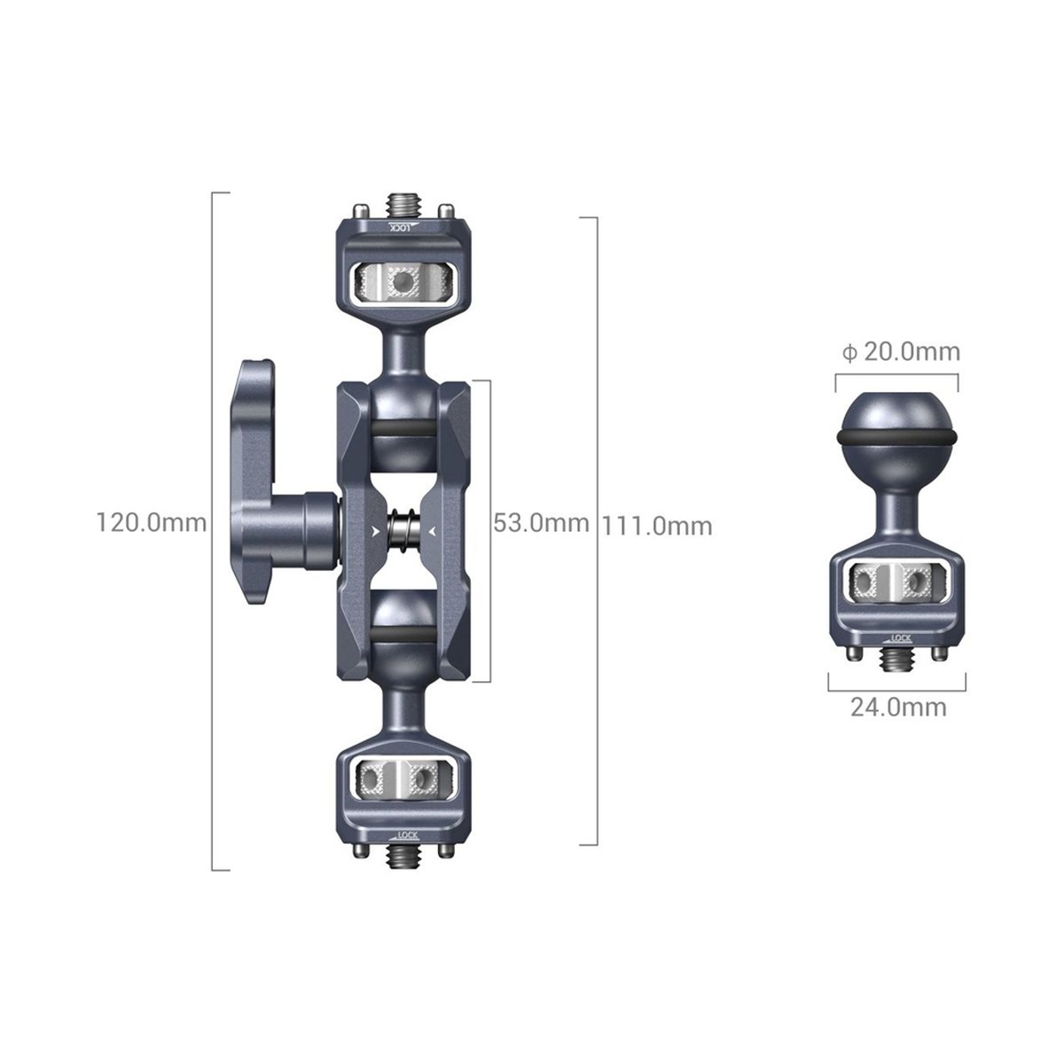 SmallRig 3873 Magic Arm mit Doppelkugelkopf (1/4"-20-Schrauben) - Maßzeichnung der Kamerahalterung und Einzelkomponente mit Abmessungen SmallRig 3873 Magic Arm mit Doppelkugelkopf (1/4"-20-Schrauben) - Maßzeichnung der Kamerahalterung und Einzelkomponente mit Abmessungen