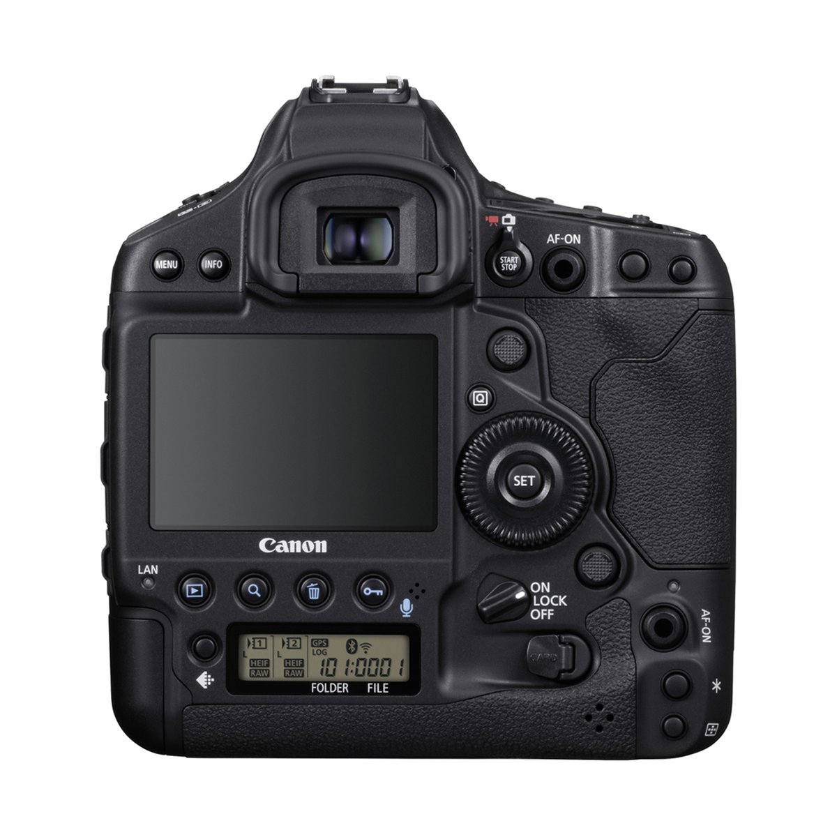 Canon EOS 1D X Mark III Body - Rückansicht einer schwarzen Canon Kamera mit Bildschirm und Bedienelementen. Canon EOS 1D X Mark III Body - Rückansicht einer schwarzen Canon Kamera mit Bildschirm und Bedienelementen.