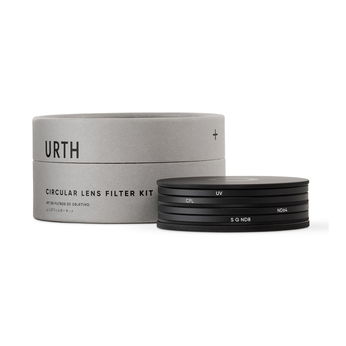 Urth 55mm UV, Circular Polarizing (CPL), ND64, Soft Grad ND8 Objektivfilter Kit (Plus+) - Lieferumfang des Urth Circular Lens Filter Kits: runde Box und vier gestapelte Filter