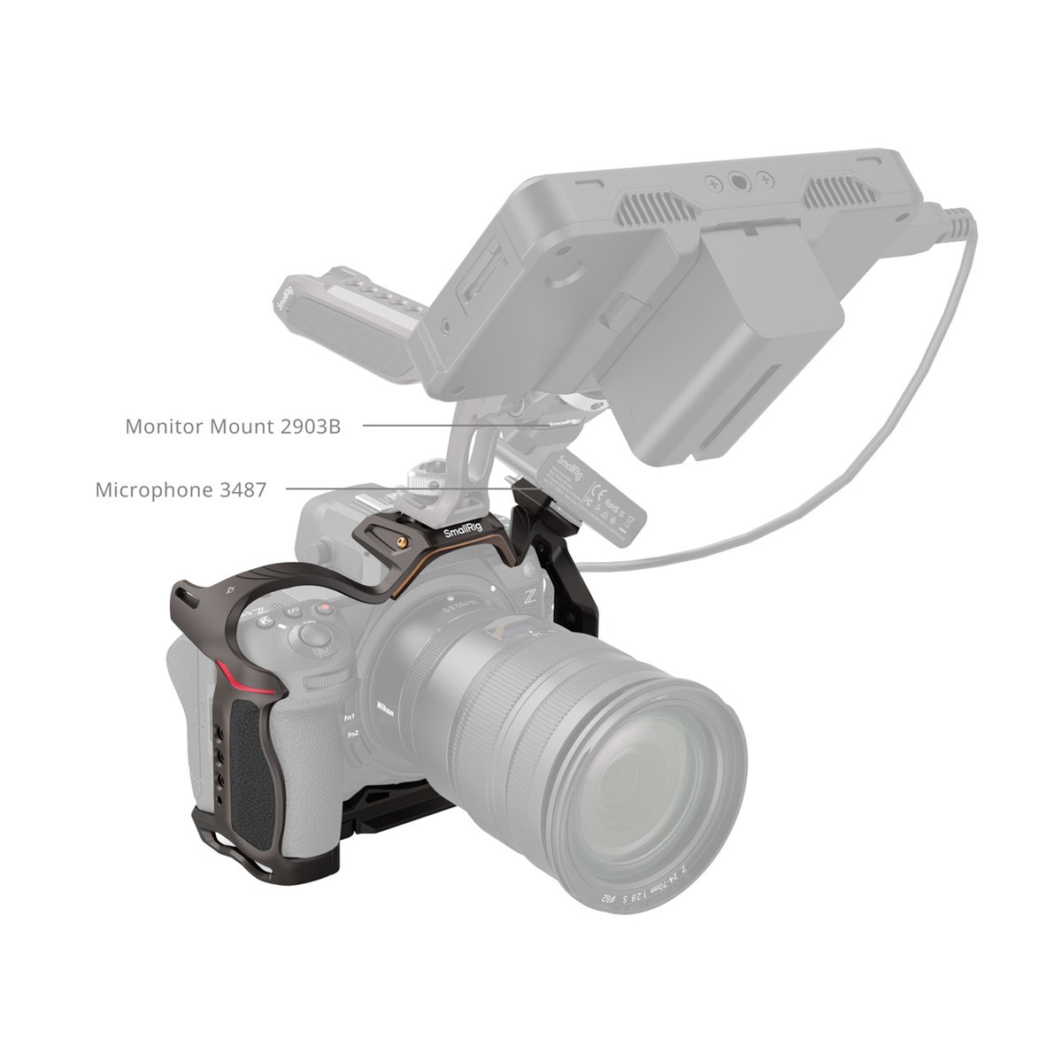 SmallRig 4521 Night Eagle Cage für Nikon Z 6III - Anwendungsbeispiel: SmallRig Kameracage mit Monitor-Halterung 2903B & Mikrofon-Halterung 3487 an Kamera