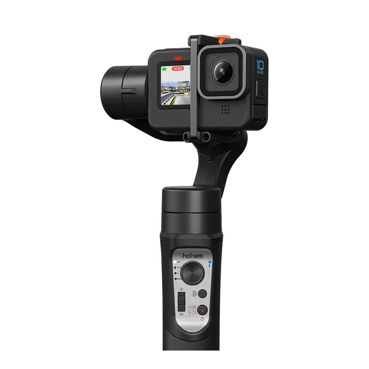 Hohem iSteady Pro4 - Frontansicht eines schwarzen Gimbals mit montierter GoPro Hero 10 Black Kamera