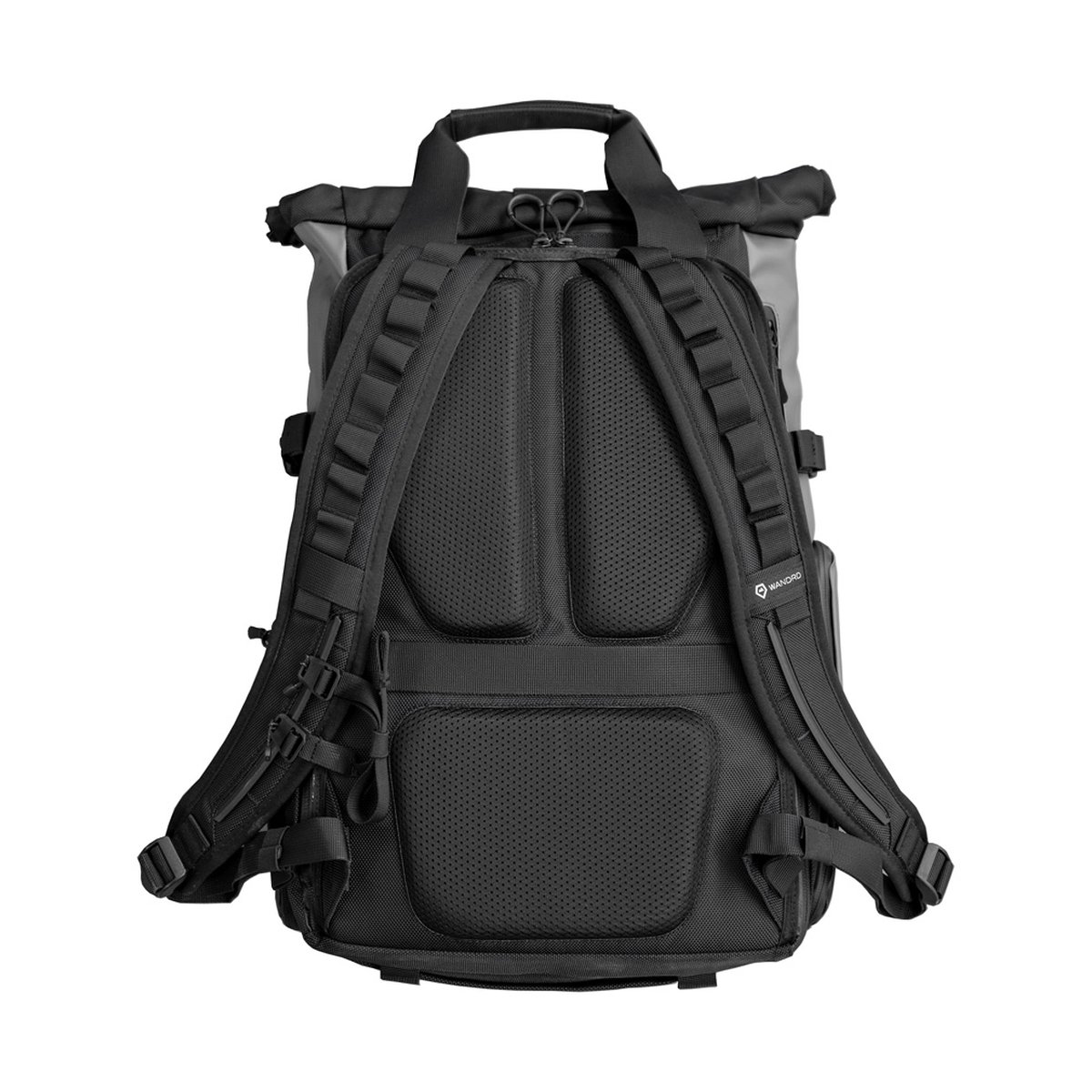 WANDRD PRVKE 41-Liter DisNet Grey Photo Bundel V3 - Rückansicht des schwarzen Roll-Top-Rucksacks mit gepolstertem Tragesystem WANDRD PRVKE 41-Liter DisNet Grey Photo Bundel V3 - Rückansicht des schwarzen Roll-Top-Rucksacks mit gepolstertem Tragesystem
