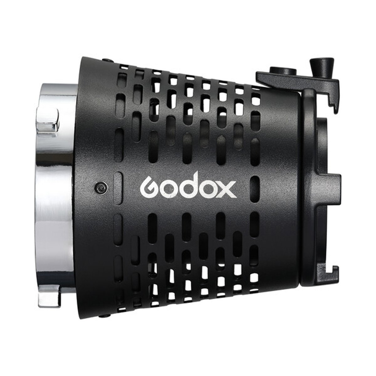 Godox SA-17 Adapter: Bowens auf Projektionsfassung - Produkansicht: Godox Lichtzubehör mit Logo und perforierter Oberfläche
