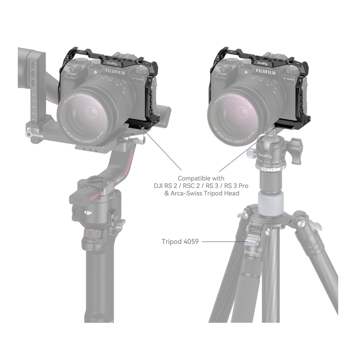 SmallRig 4230 Cage für Fujifilm X-S20 - Anwendungsbeispiel: SmallRig Kamera-Cage an Gimbal & Stativ, Kompatibilität mit DJI RS/RSC & Arca-Swiss Stativkopf