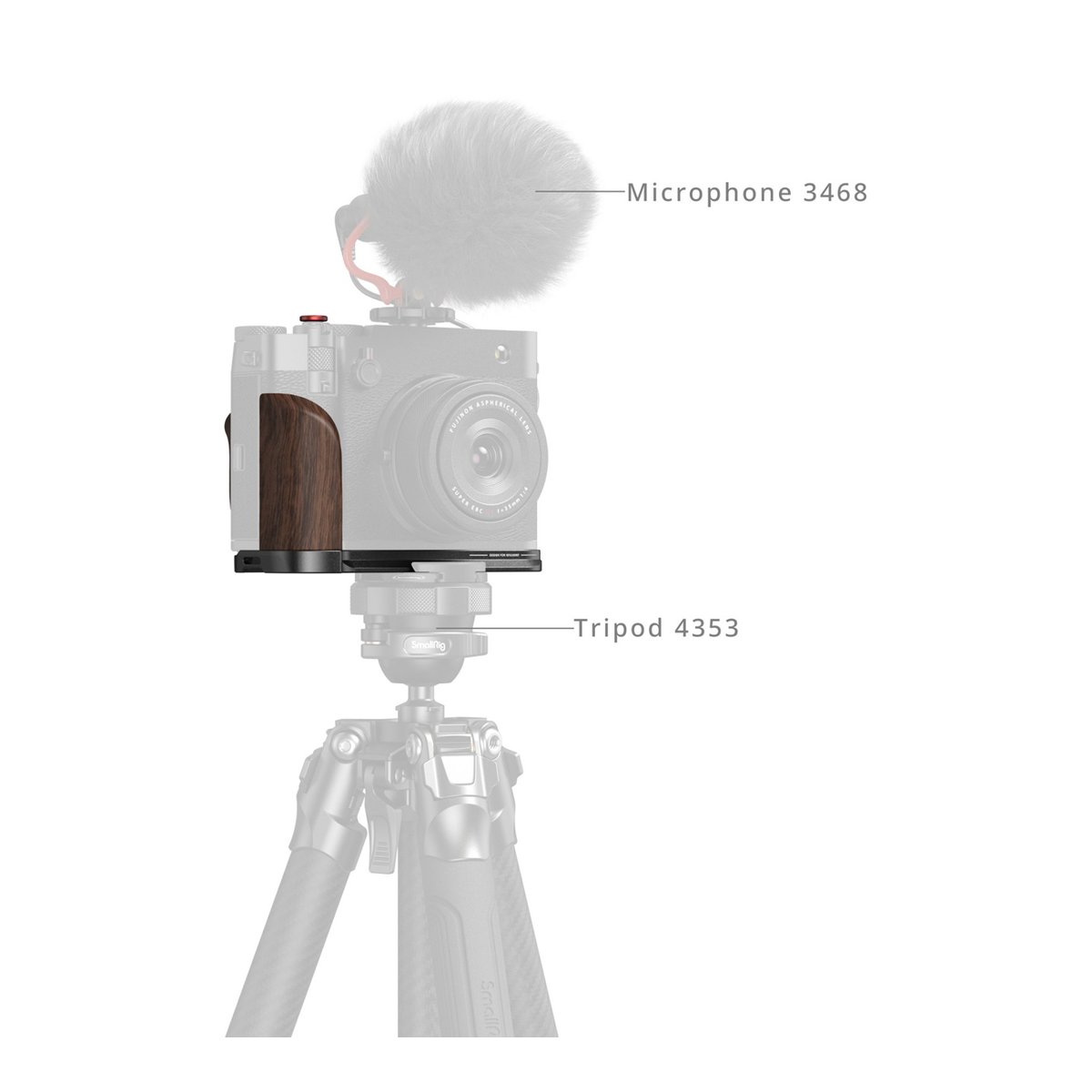 SmallRig 5266 L-Shape Mount Plate with Wooden Handle f. Fujifilm GFX100RF blk. - Anwendungsbeispiel: Kamera mit Holzgriff, Mikrofon und Stativ