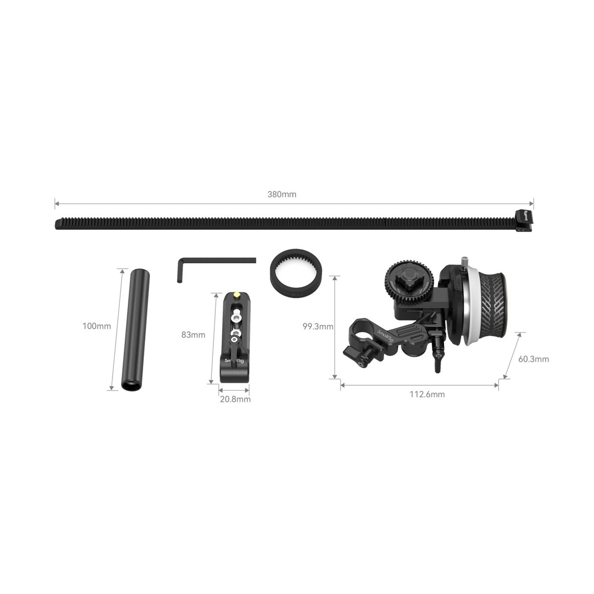 SmallRig 3010C Mini Follow Focus F40 Halterung - Lieferumfang mit Abmessungen der Einzelteile