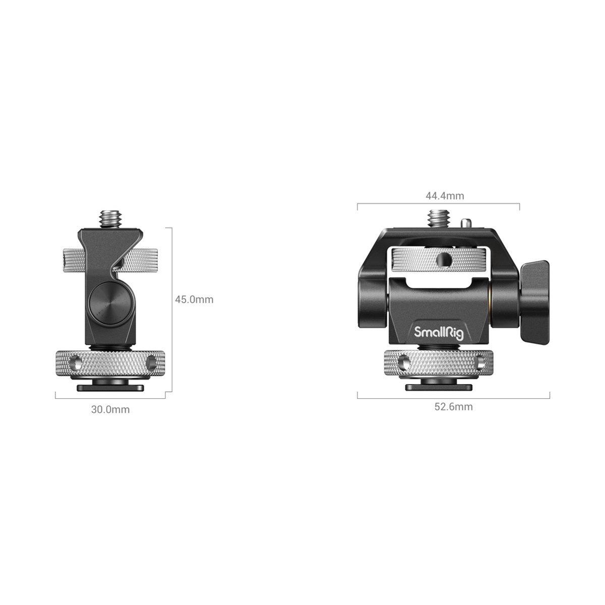 SmallRig 2905B Schwenkbare Monitor- Halterung mit Blitzschuh - Abmessungen des SmallRig Hot Shoe Adapters aus zwei Perspektiven