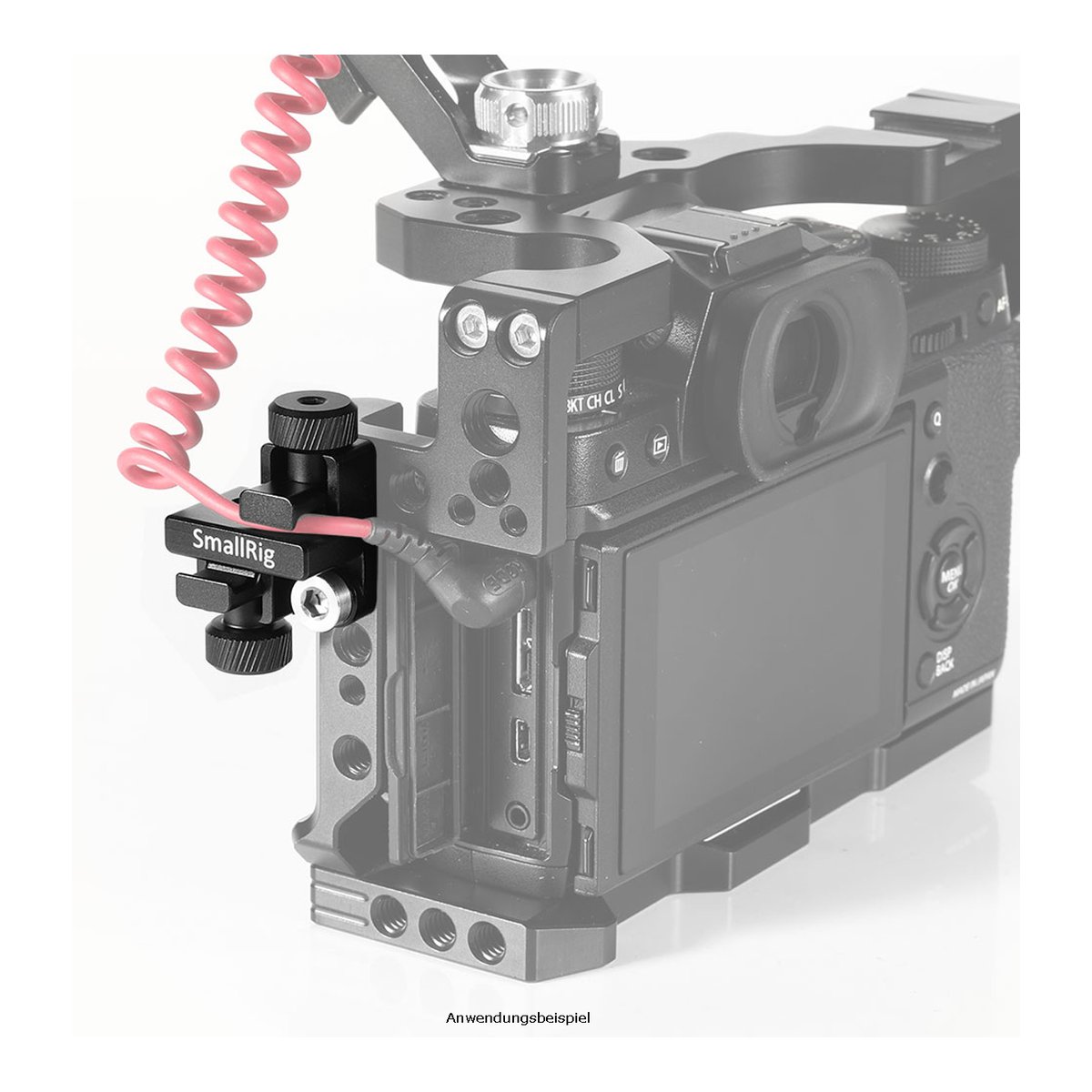 SmallRig 2333 Universal-Kabelklemme - Anwendungsbeispiel: SmallRig Kabelklemme am Kamera-Rig fixiert rotes Spiralkabel SmallRig 2333 Universal-Kabelklemme - Anwendungsbeispiel: SmallRig Kabelklemme am Kamera-Rig fixiert rotes Spiralkabel