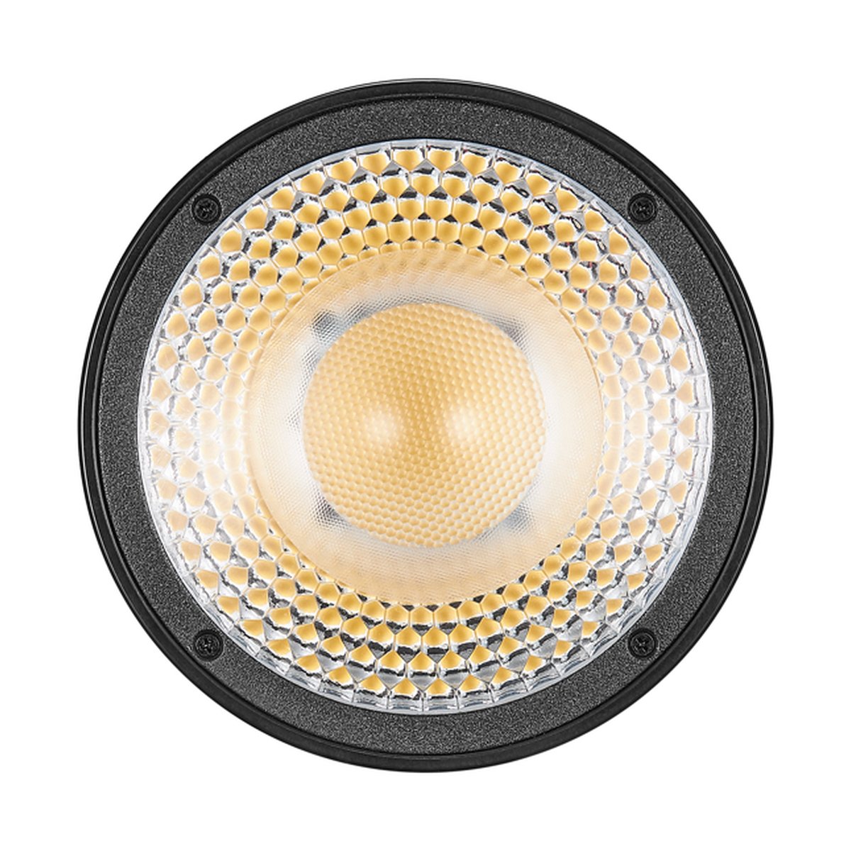 Godox Litemons LED Tabletop Video Light Double Light Kit - Frontansicht eines runden LED-Lichts mit warmem, strukturiertem Leuchtbereich und schwarzem Rahmen.