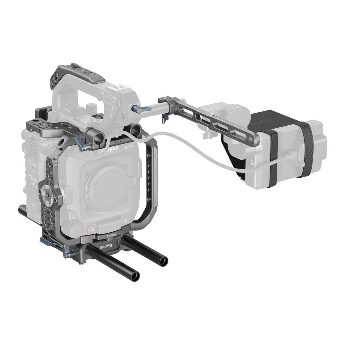 SmallRig 4946 Advanced Cage Kit für Canon C400 - Anwendungsbeispiel: Kamera-Rig-Set mit Cage, Top-Handle, Rods und externer Batterie an Kamera.