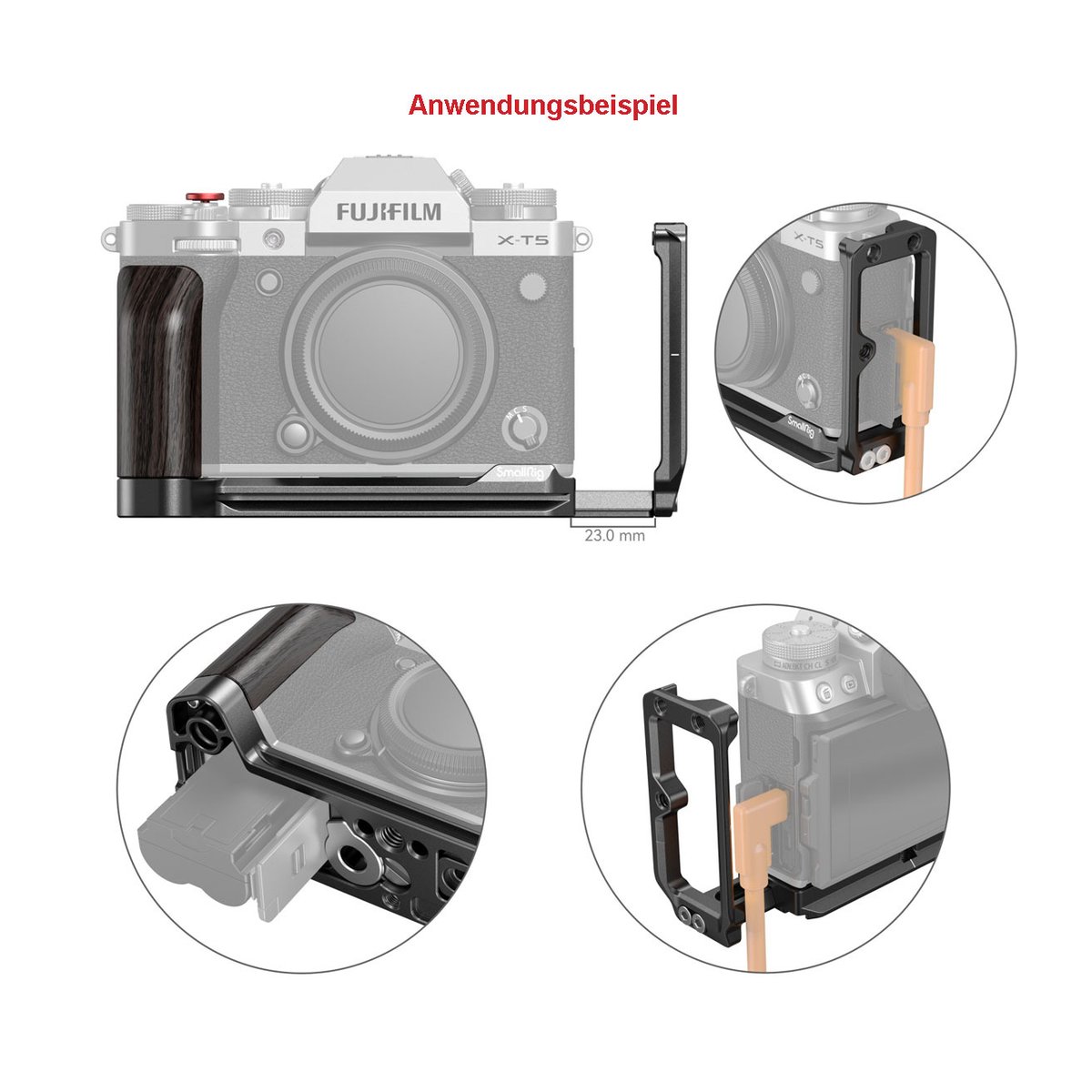 SmallRig 4137 L-Bracket f. Fujifilm X-T5 - Anwendungsbeispiel: L-Winkel für Fujifilm X-T5. Zeigt Montage, seitliche Verlängerung & Batteriezugang.
