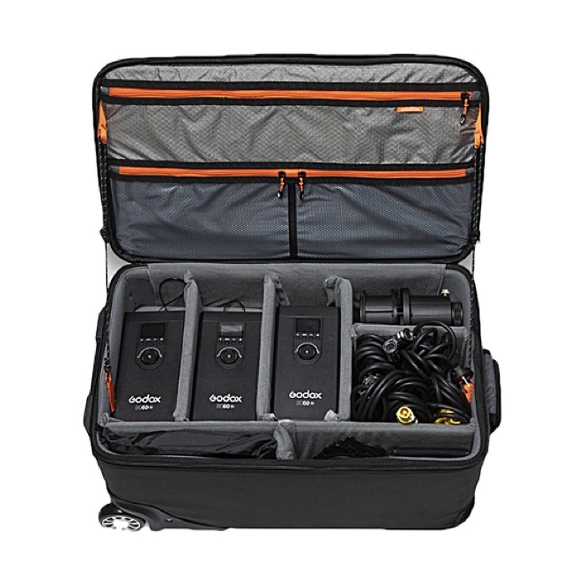 Godox CB-51 Carry Bag for S60/S60Bi LED Light - Lieferumfang im geöffneten Godox Transporttrolley mit 3 AD600 Blitzen und Zubehör.