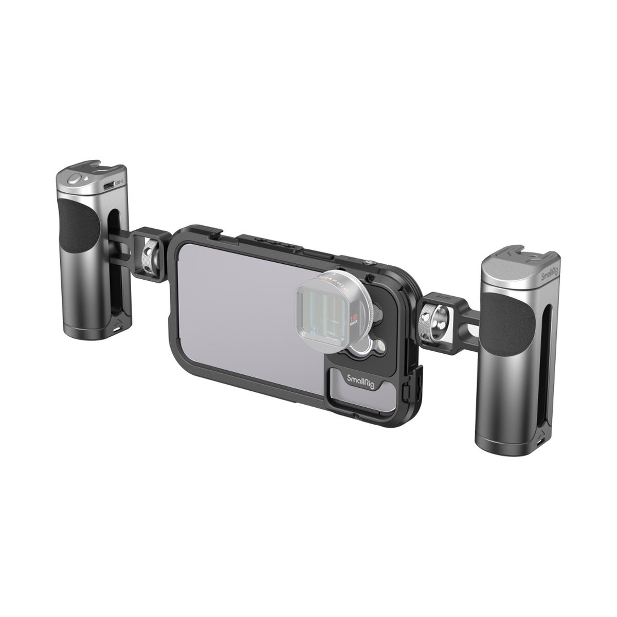 SmallRig 4076 Mobile Video Cage Kit (Dual Handheld) for iPhone 14 Pro - Frontansicht eines Smartphone-Video-Rigs mit zwei seitlichen Griffen und aufgesetztem Objektiv