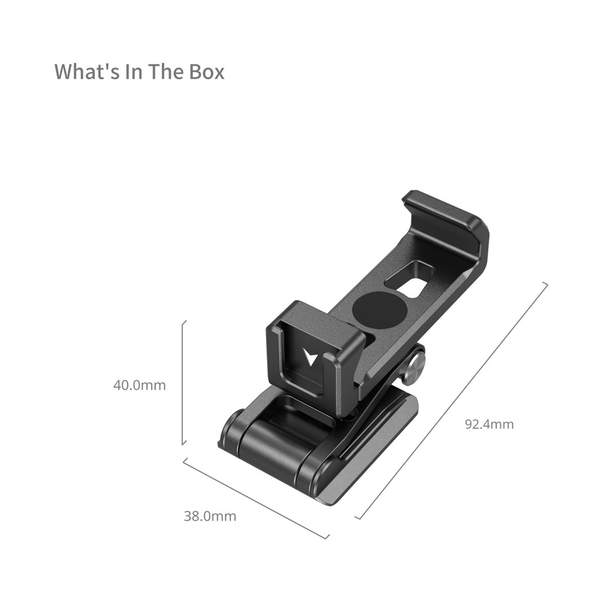 SmallRig 4611 Metal Phone Holder mit Arca Swiss Support - Lieferumfang: Maße und Ansicht der Smartphone-Halterung.